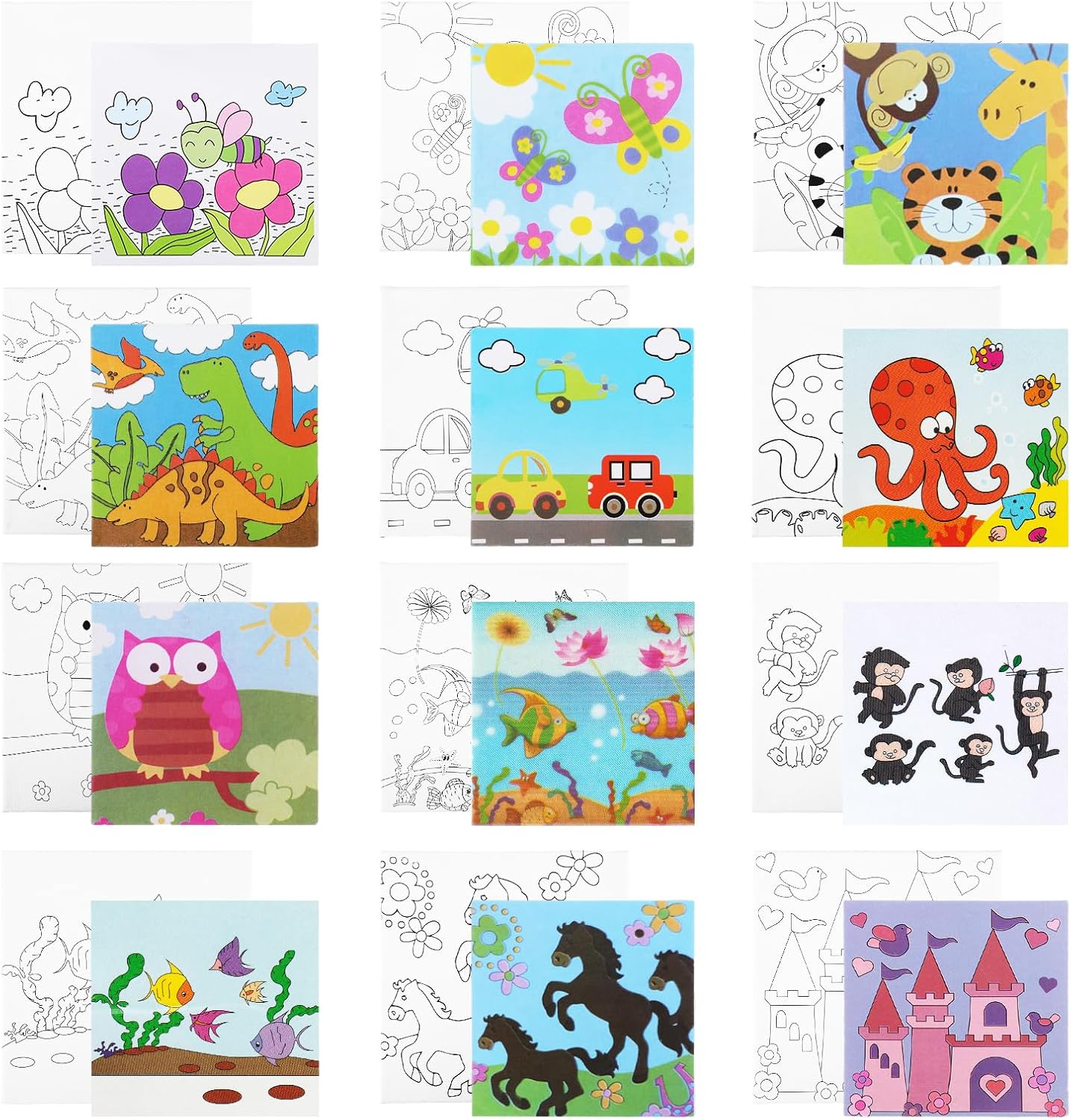 12pcs PrePrinted Canvas & Paint Art Set, 8 x 8 Inch Preprinted Canvas with 12 Color Card Pre