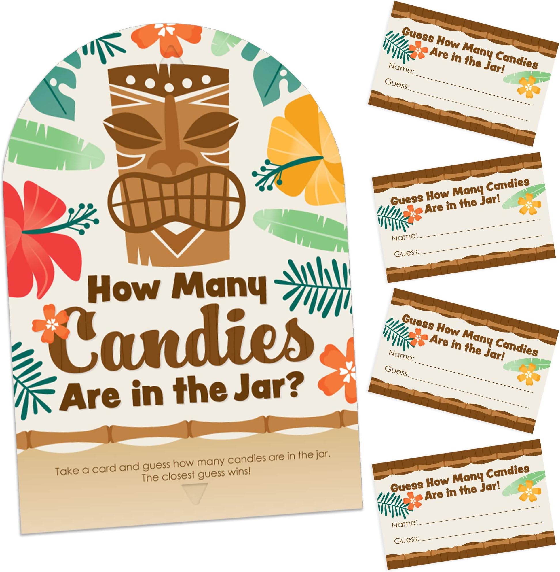 Big Dot of Happiness Tropical Luau - How Many Candies Hawaiian Beach Party Game - 1 Stand and 40 Cards - Candy Guessing Game