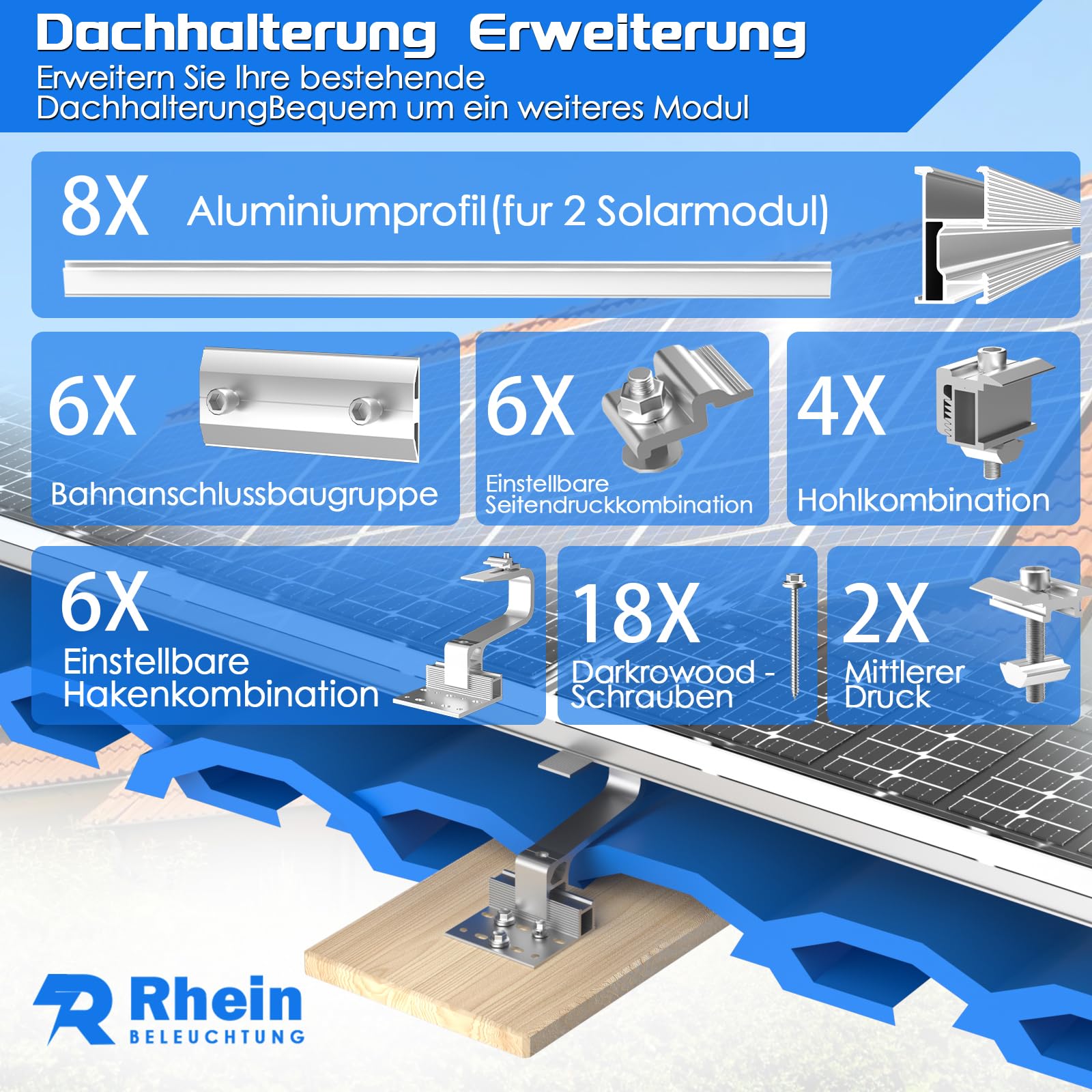 Lot de 2 supports de toit pour panneaux solaires, support solaire pour toit en tuiles, crochets de toit – Avec profil solaire en aluminium, kit de montage réglable, jusqu'à 120 cm de largeur par