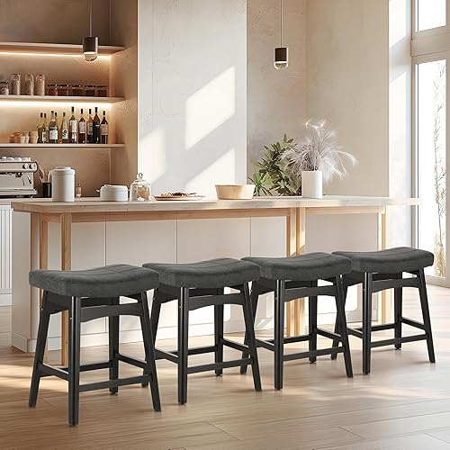 Miniatura 8 de Juego de 2 taburetes de bar de madera maciza color negro para taburetes de bar de altura de encimera de cocina con asiento de silla de montar de