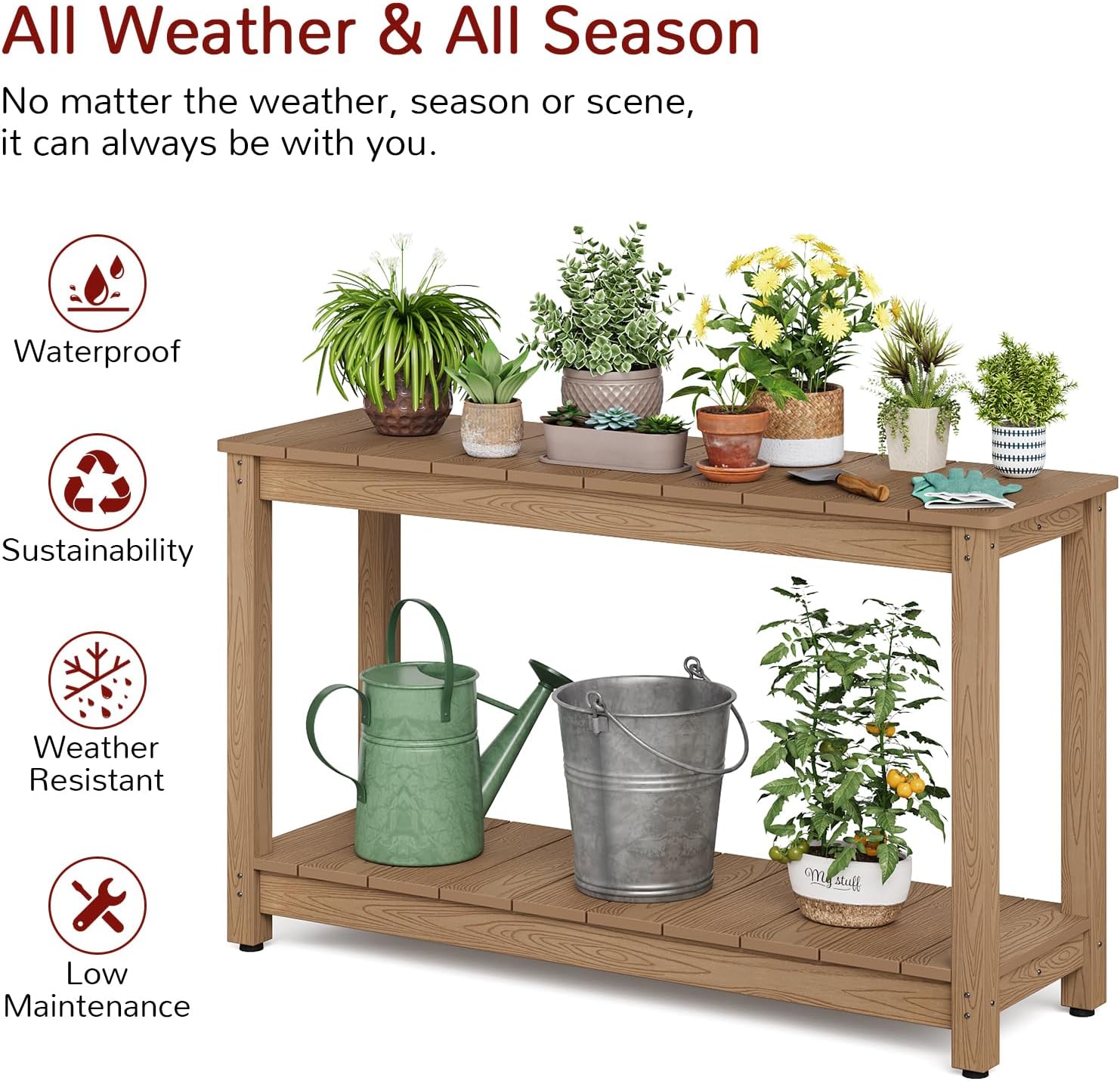 Stoog All-Weather Patio Console Table, 2-Tier Outdoor Table with Adjustable Feet, Never Fade or Rot, for Backyard, Deck, Entryway, and Garden, Teak