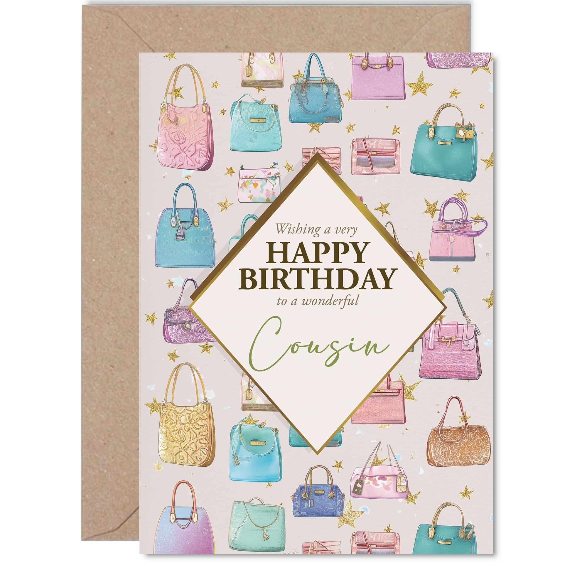 Cousin Birthday Card - Luxury Handbags - Happy Birthday Card for Cousin from Family Relative, 5x7 Inch Fashion Bags Bday Greeting Cards