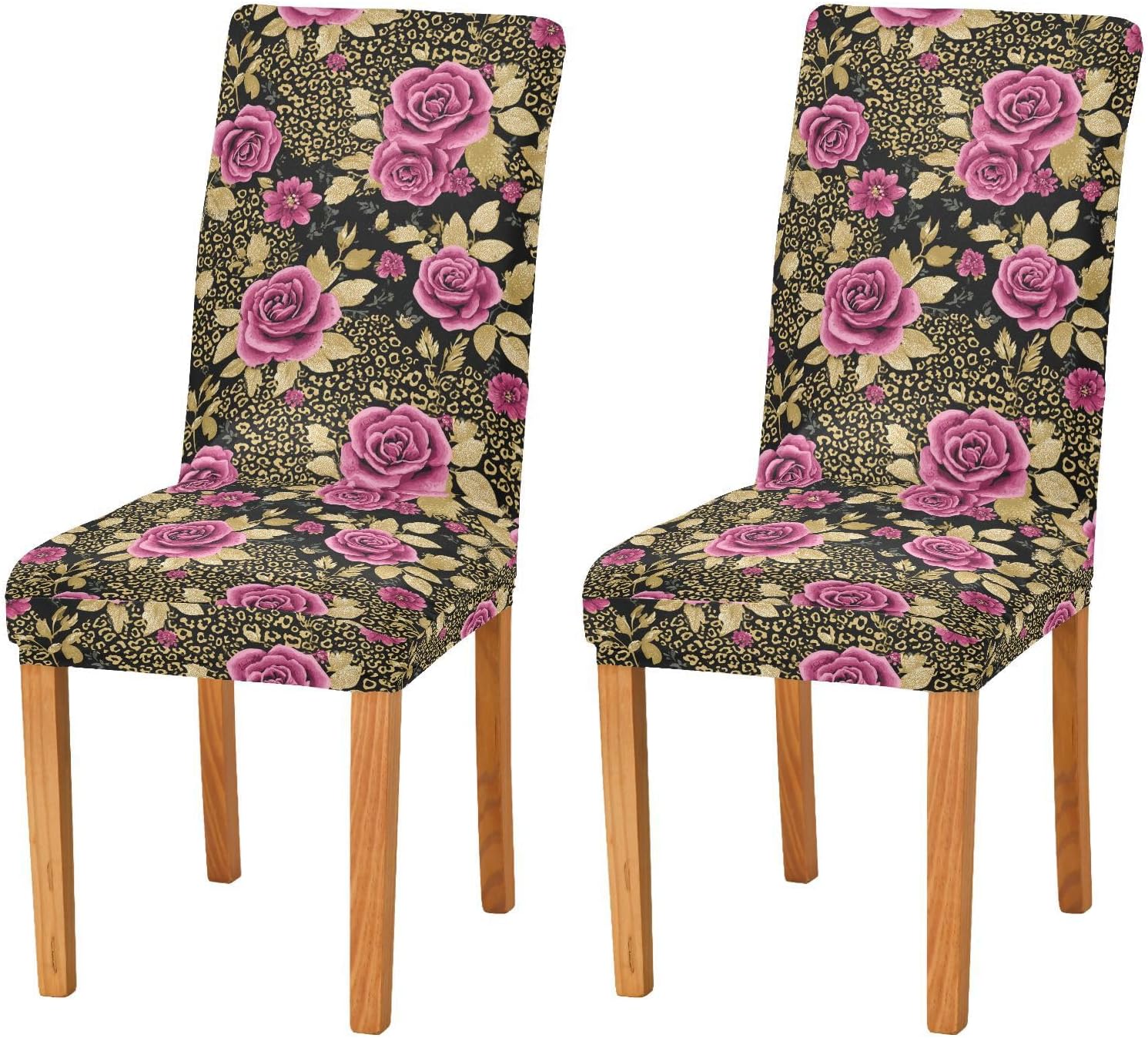 ALAZA Chair Covers for Dining Room, Rose on Leopard Cheetah Print Stretch Chair Cover Sets Chair Protector Removable Washable for Ktichen Restaurant Hotel