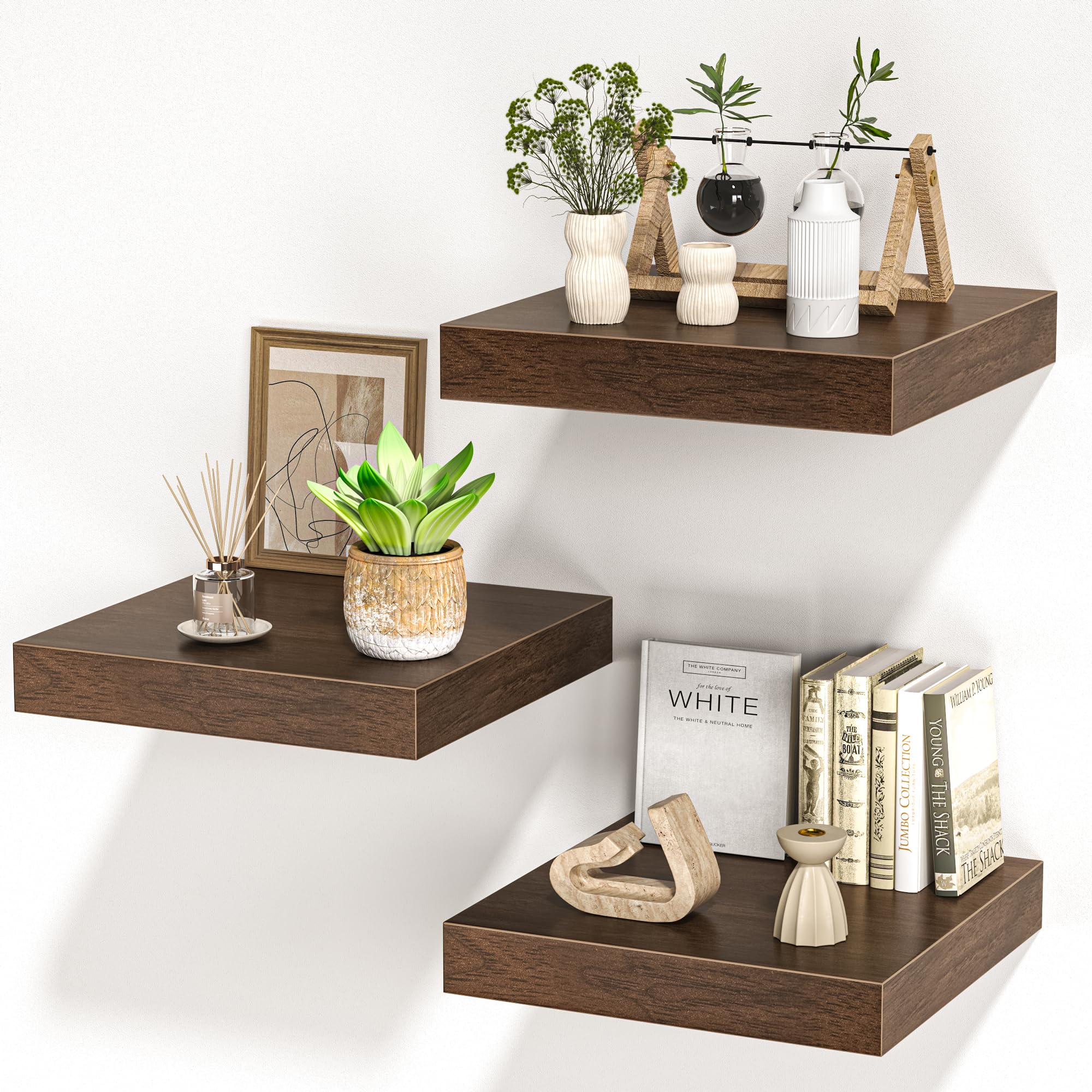 Photo 1 of FLYJOE Square Floating Shelves for Wall, 12" W x 12" D x 1.4" H, Small Wooden Wall Mounted Display Shelves with Invisible Brackets for Living Room, Bedroom, Bathroom, Kitchen Decor, Set of 3, Walnut