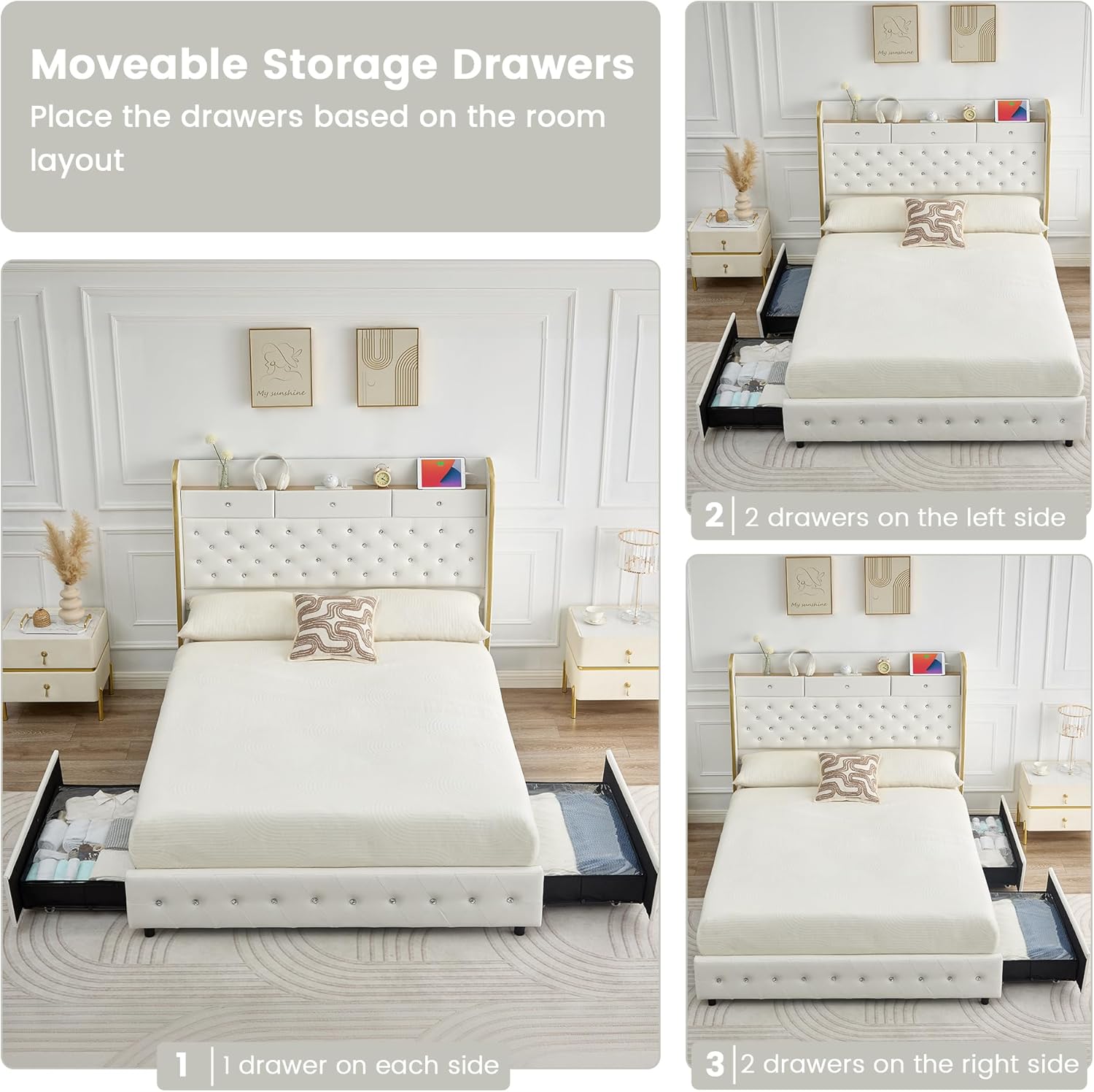 Torana Queen LED Bed Frame with 2 Drawers, 52" Tall Platform Beds with Galaxy Aurora Star Projector and Charging Station, PU Leather Upholstered Crystal Tufted Wingback Bedframe, White