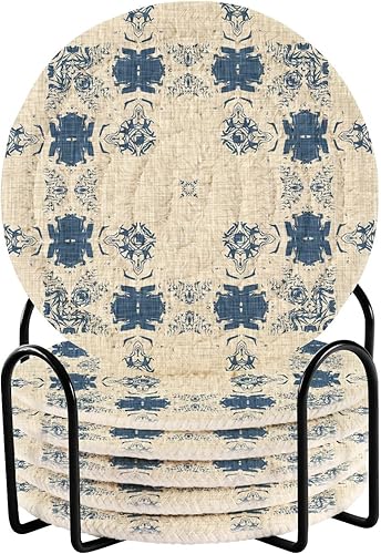 Miniatura 1 de Casters Set of 6 with Holder Table Coasters for Drinks Aesthetic Coasters Porta Vasos para Mesas French Blue Beige