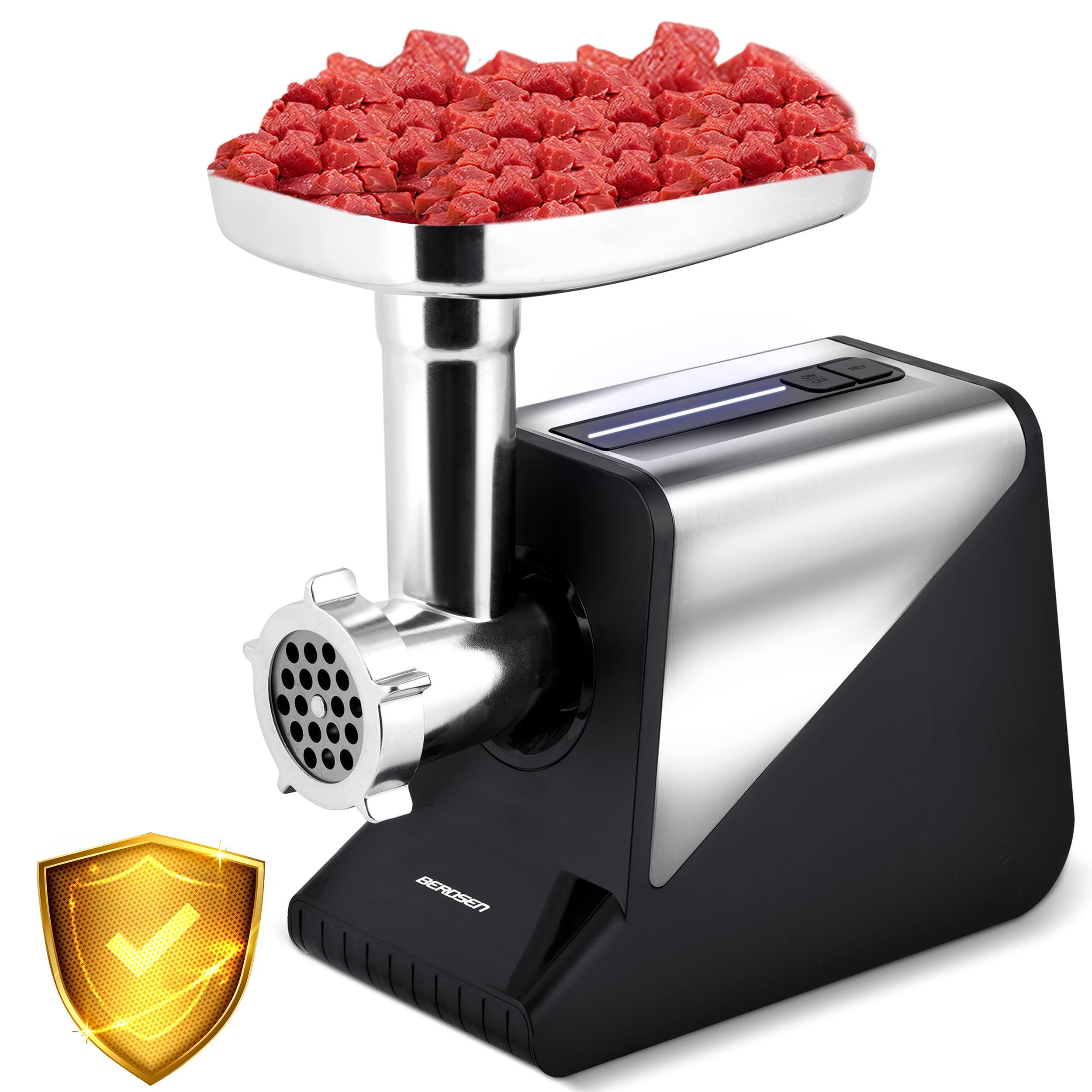 Berdsen Hachoir à viande électrique avec accessoires pour saucisse - Disques perforés - 800/2000 W - Noir et argenté