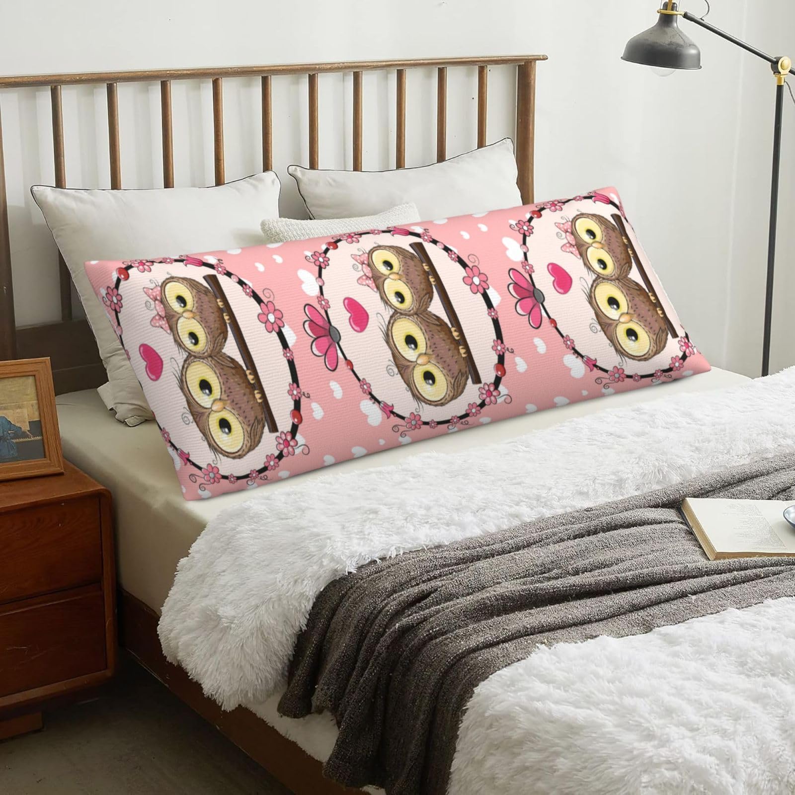 Two Cute Cartoon Owls, Body Pillow Cover with Zipper,Long Body Pillowcase 20 x 60 in