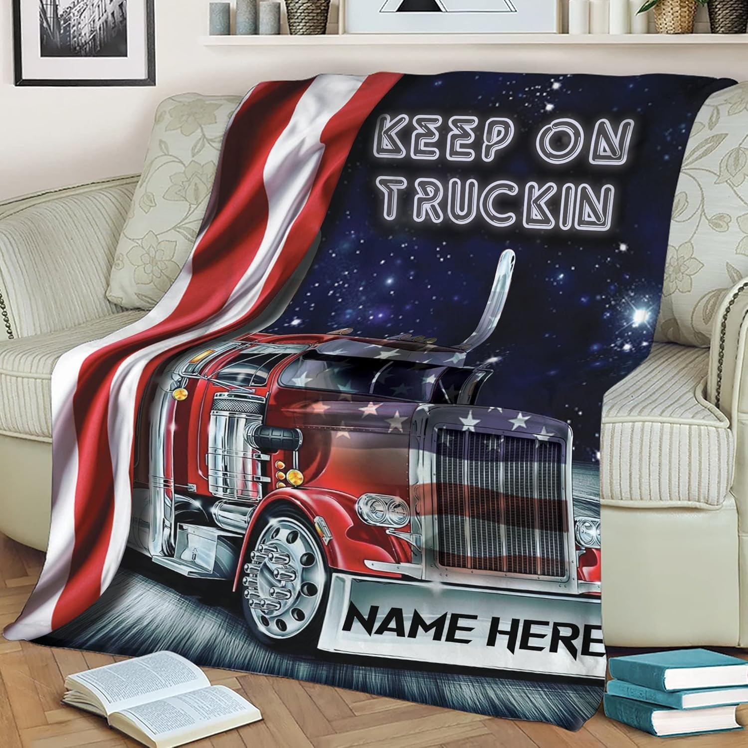 Ewan Personalized Truck Blanket with Name, Custom Sherpa Fleece Throw Blanket, US Flag Blanket, Trucker Gift