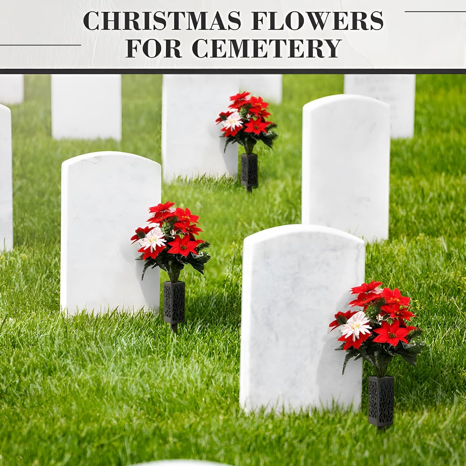 2 Set 26 inch Christmas Cemetery Flowers for Grave 18 Stems Artificial Red Faux Velvet Poinsettias Bouquets for Christmas Home Decorations, Holiday Bush, Indoor Floral, Cemetery Flowers