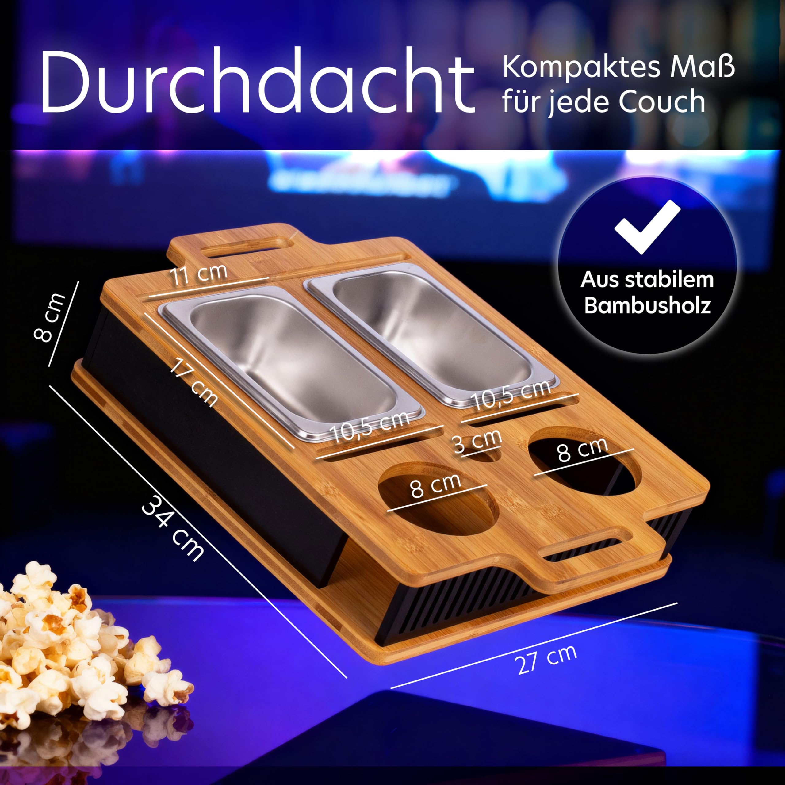 AH® Couchbar Snackbox mit Leuchteffekt – Bambus Sofa Tablett mit 2 Edelstahl-Schalen, Handy- & Getränkehalter – Couch Organizer & Geschenk für Männer & Frauen