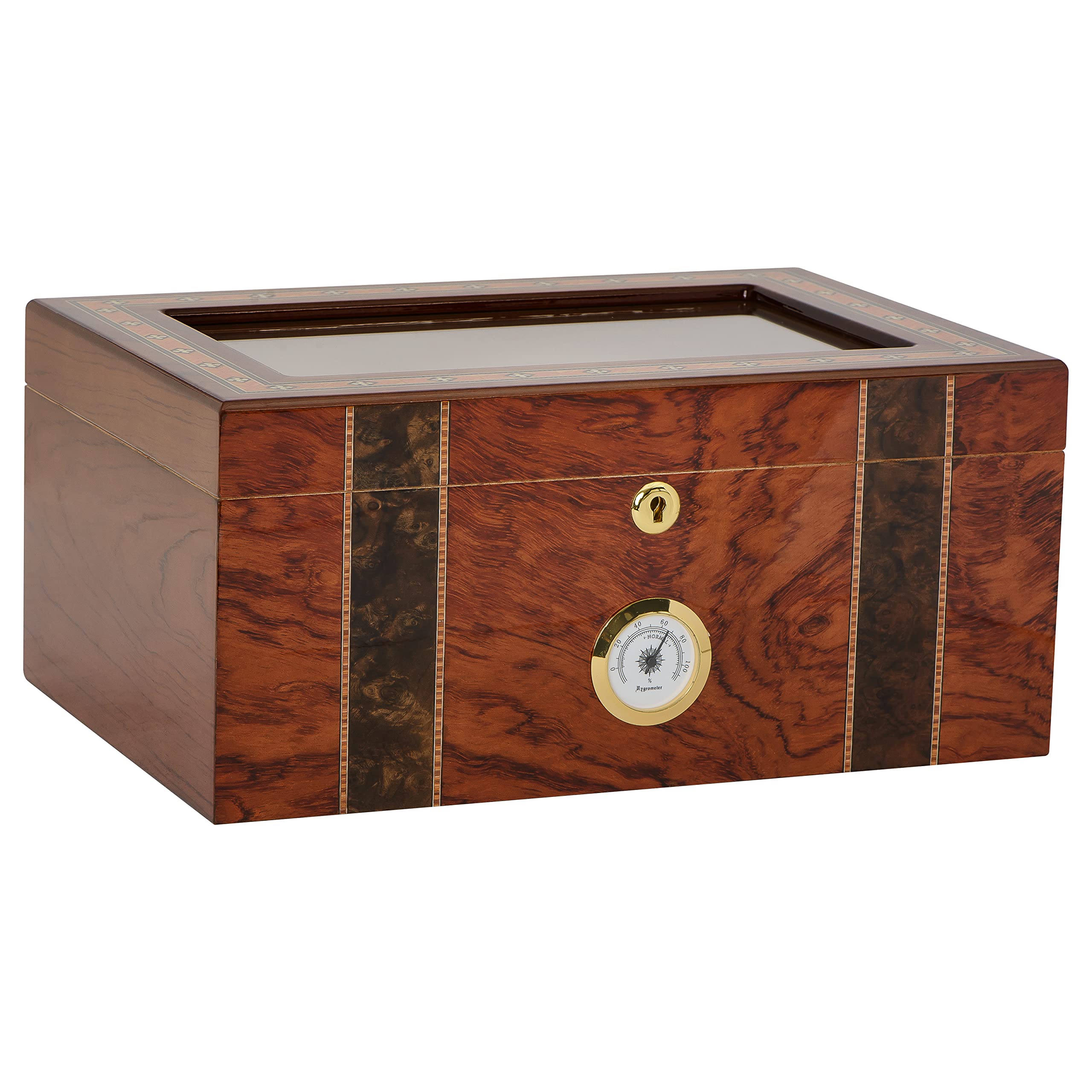 Andorra Glasstop Cigar Storage Bubinga and Walnut Burl Wood with Decorative Inlay Spanish Cedar Tray Glass Hygrometer Crystal Humidifier Lock and Key, Holds 40-75 Cigars (Andorra)