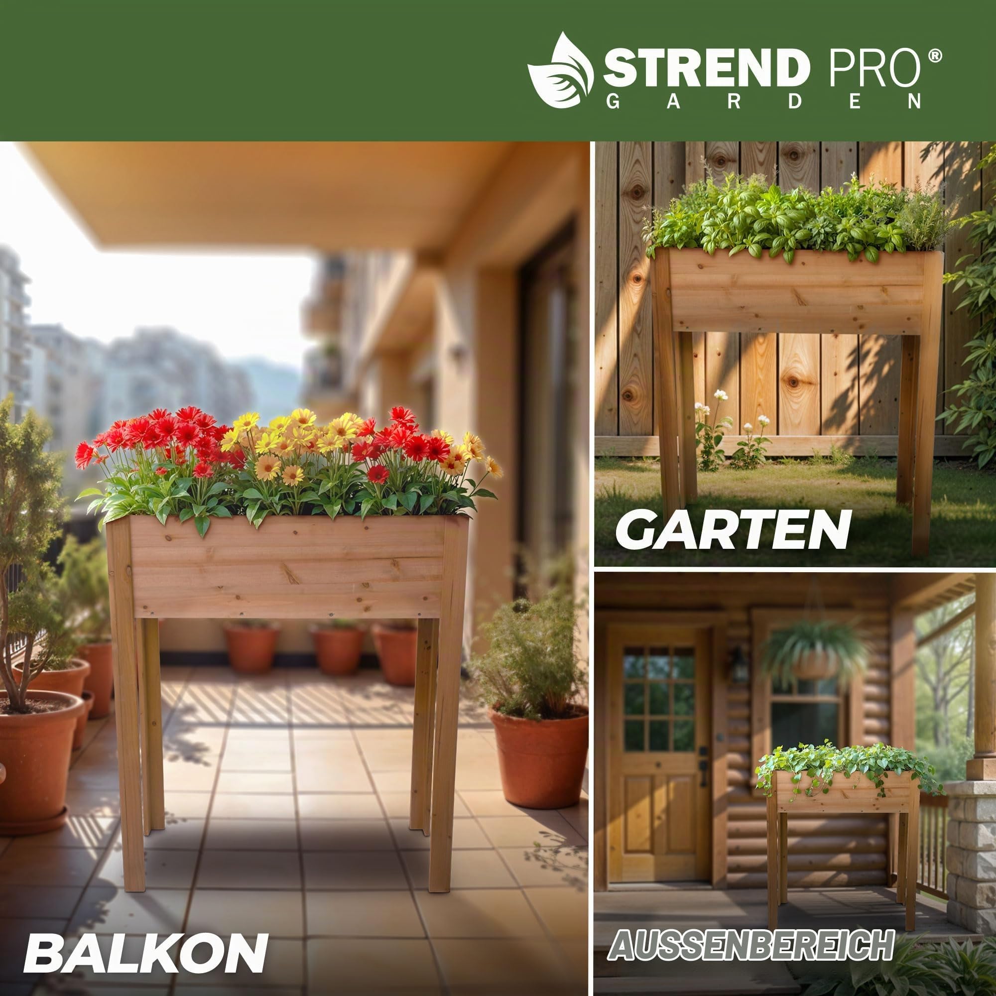 STREND PRO Hochbeet Balkon | 98cm(h) x 40cm(b) x 84(l) | Gemüsebeet Holz mit wasserdichter Pflanzfolie | Kleines Hochbeet Schmales ideal für Balkon, Terrasse & Garten | Kräuterbeet Klein