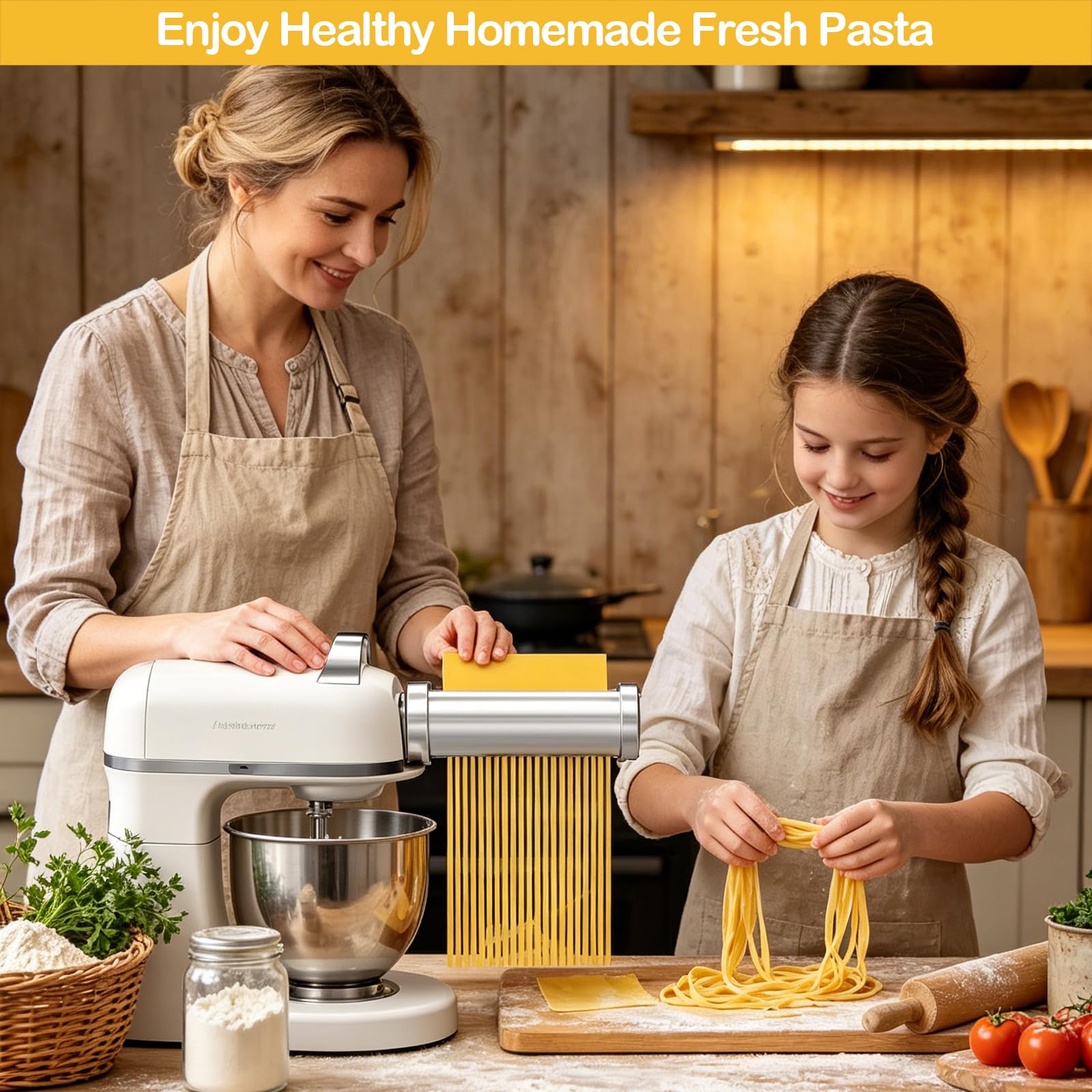 Set di accessori per la pasta, 3 pezzi, per robot da cucina Kenwood KVC/KVL, con rullo per spaghetti e fettuccine, accessorio per pasta in acciaio inox 304, con manopola, 8 spessori di impasto