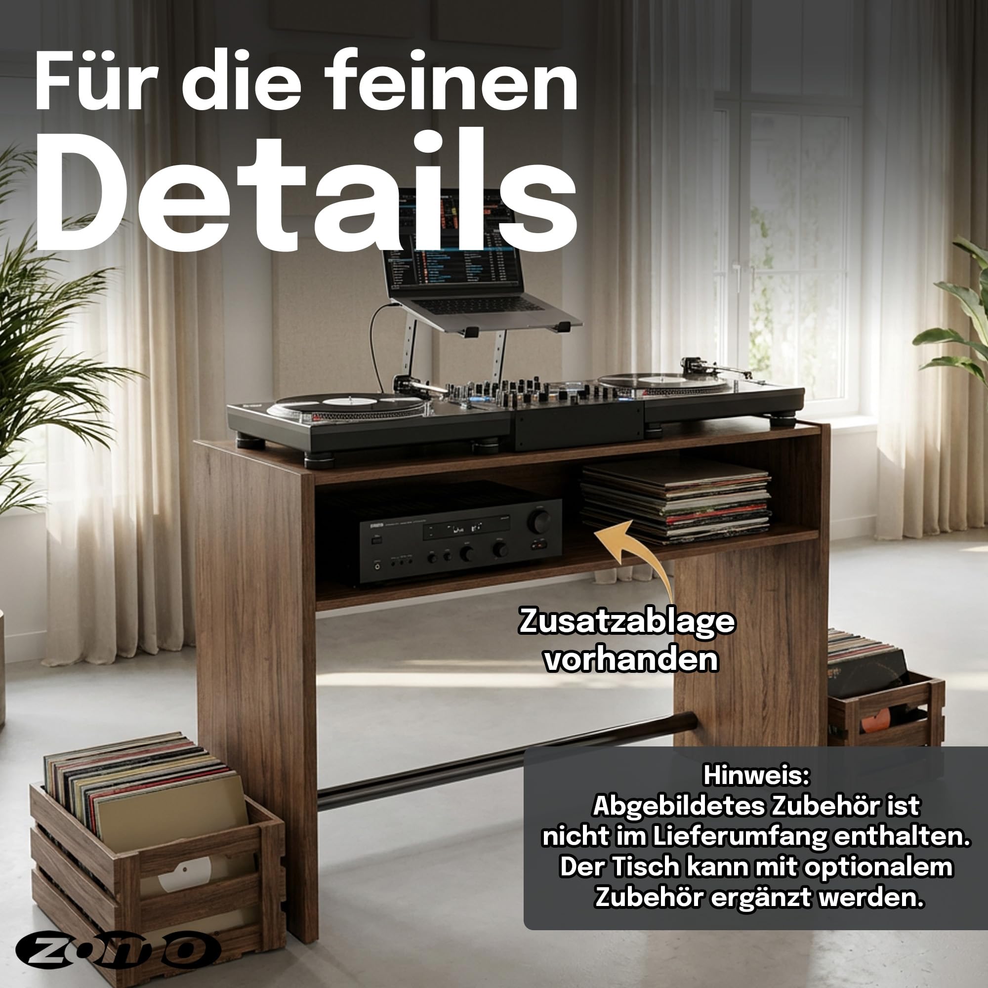 Zomo Deck Stand Ibiza 120 - DJ Tisch 123 x 50,6 x 96 cm - Walnuss - MDF Holz - 39,2 kg - für 2 Decks und einen Mixer bis 12 Zoll