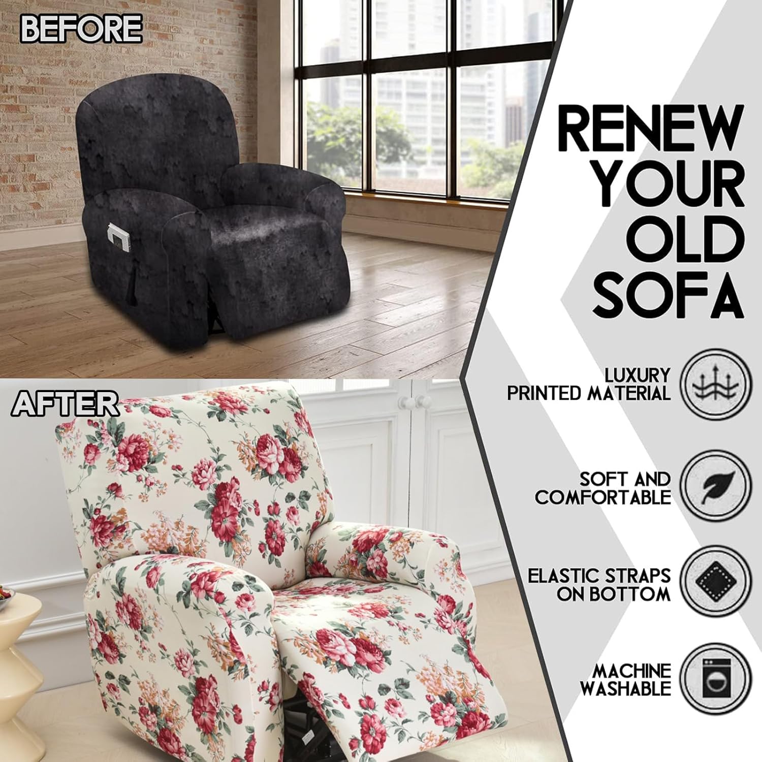 CRFATOP Printed Recliner Slipcover Stretch Reclining Chair Covers Non Slip 4 Pieces Recliner Sofa Slipcovers with Pocket Fitted Sofa Couch Cover Lazy Boy Chair Cover for Pet Kid Living Room,B08