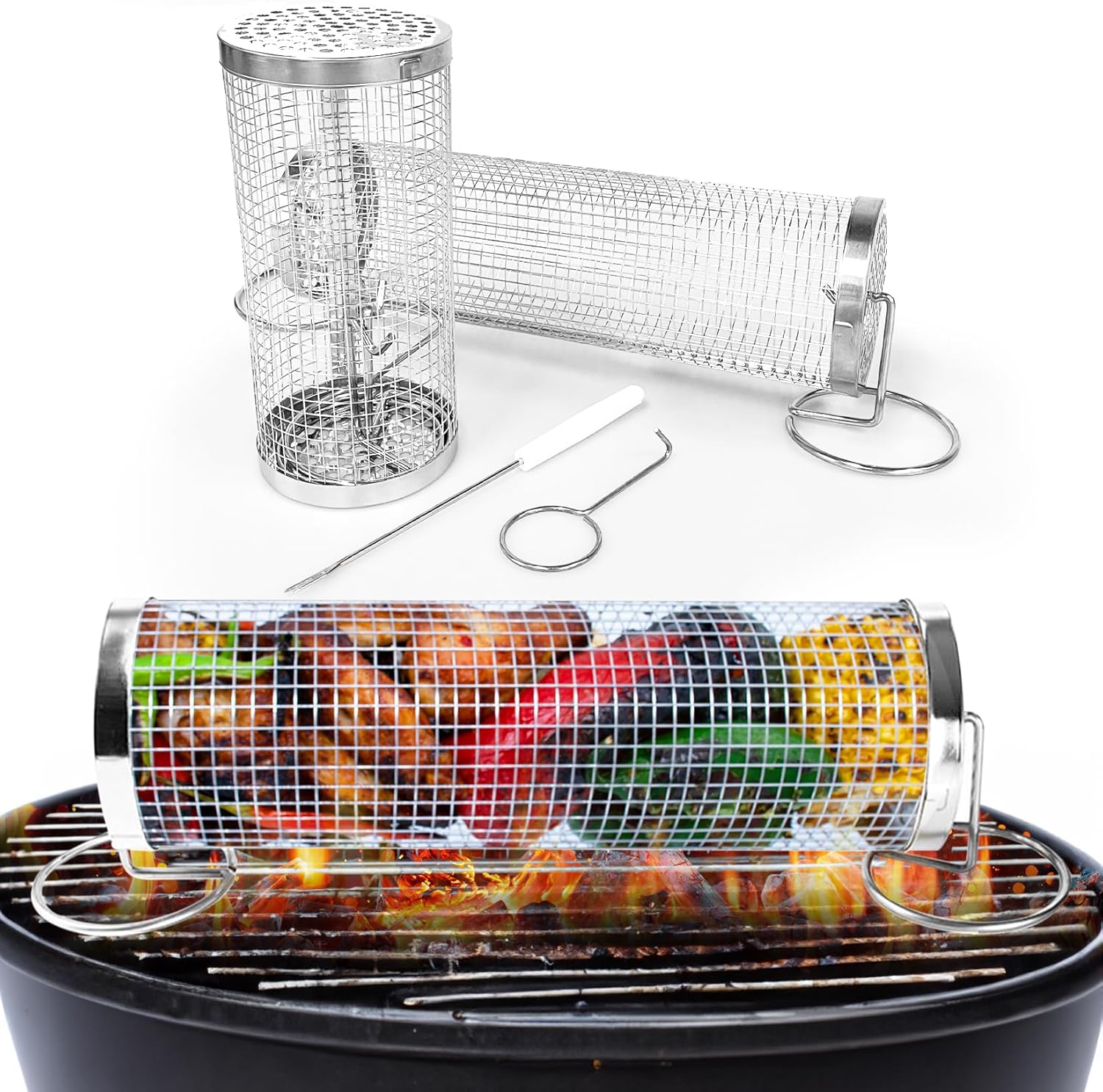 KEKIN Rolling grilling baskets for outdoor grilling, 2(7