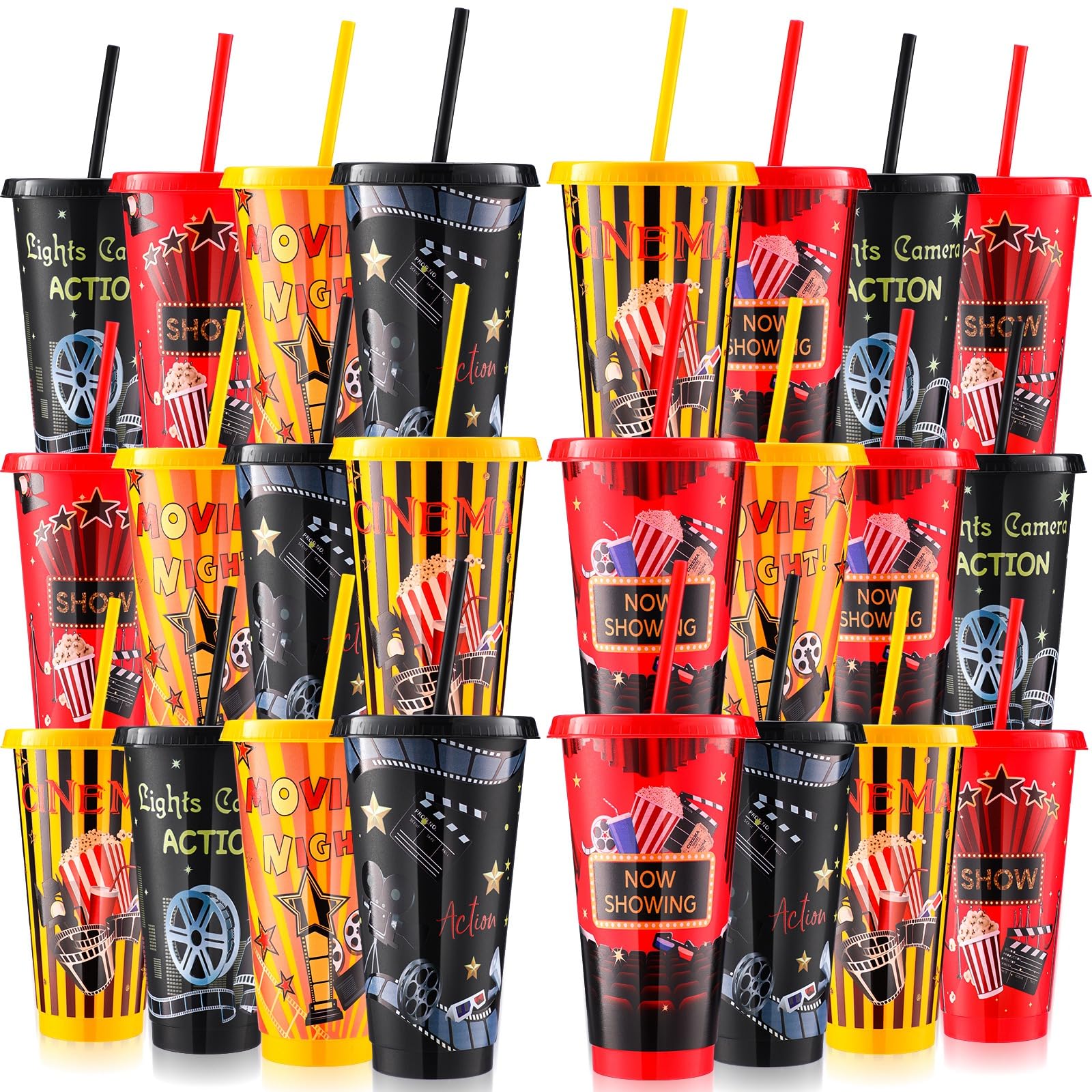 Sweetude 24 Pcs Movie Night Cups Movie Night Party Supplies Favors Movie 24oz Cups with Lid and Straw Disposable Plastic Cups for Movie Party