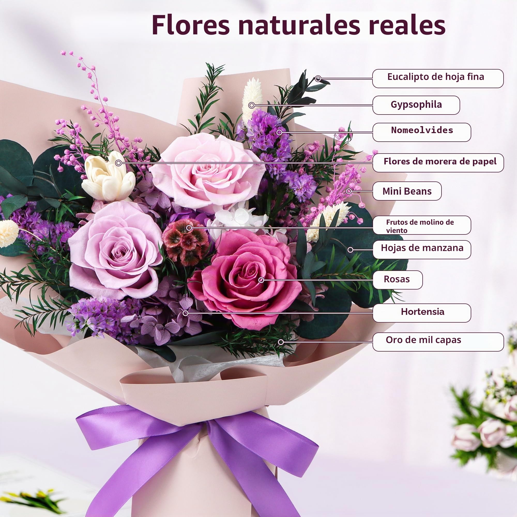 Ramo de flores preservadas, flores eternas reales | Regalos para mujeres, regalos de cumpleaños para mamá, amigos, novia, hermana, San Valentín (lila pastel)