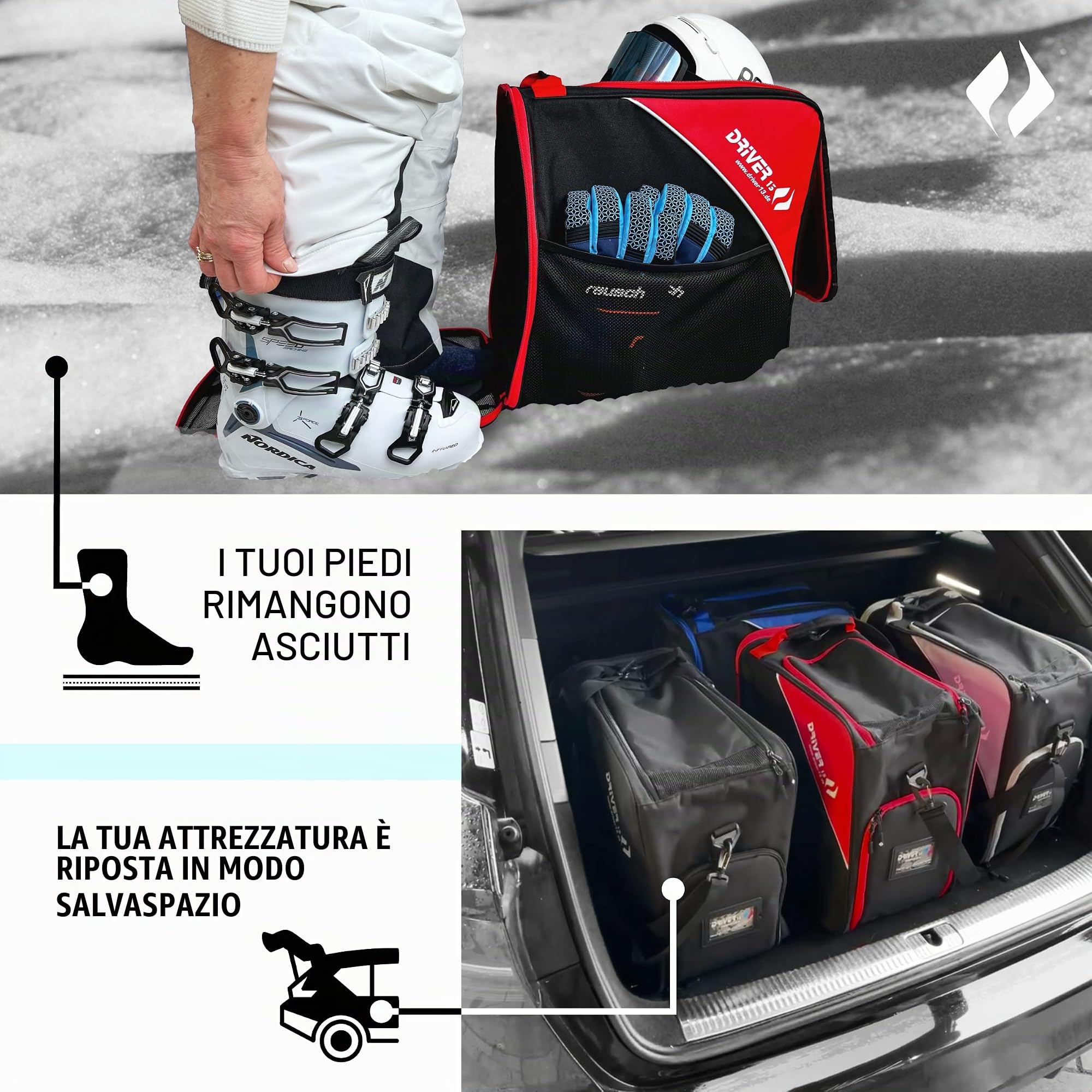 Driver13 Borsa per stivali da sci con scomparto per stivali, per stivali o snowboard (nero-rosso)