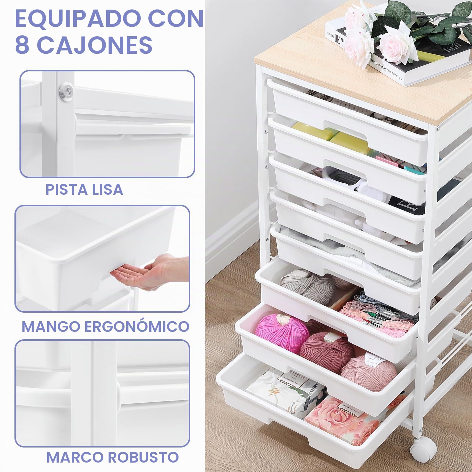 SYKIARIOL Carro de baño con 8 cajones, carro con cajones y rollos con tablero de madera para sala de estar, dormitorio, oficina, gran capacidad, carro de manualidades, blanco