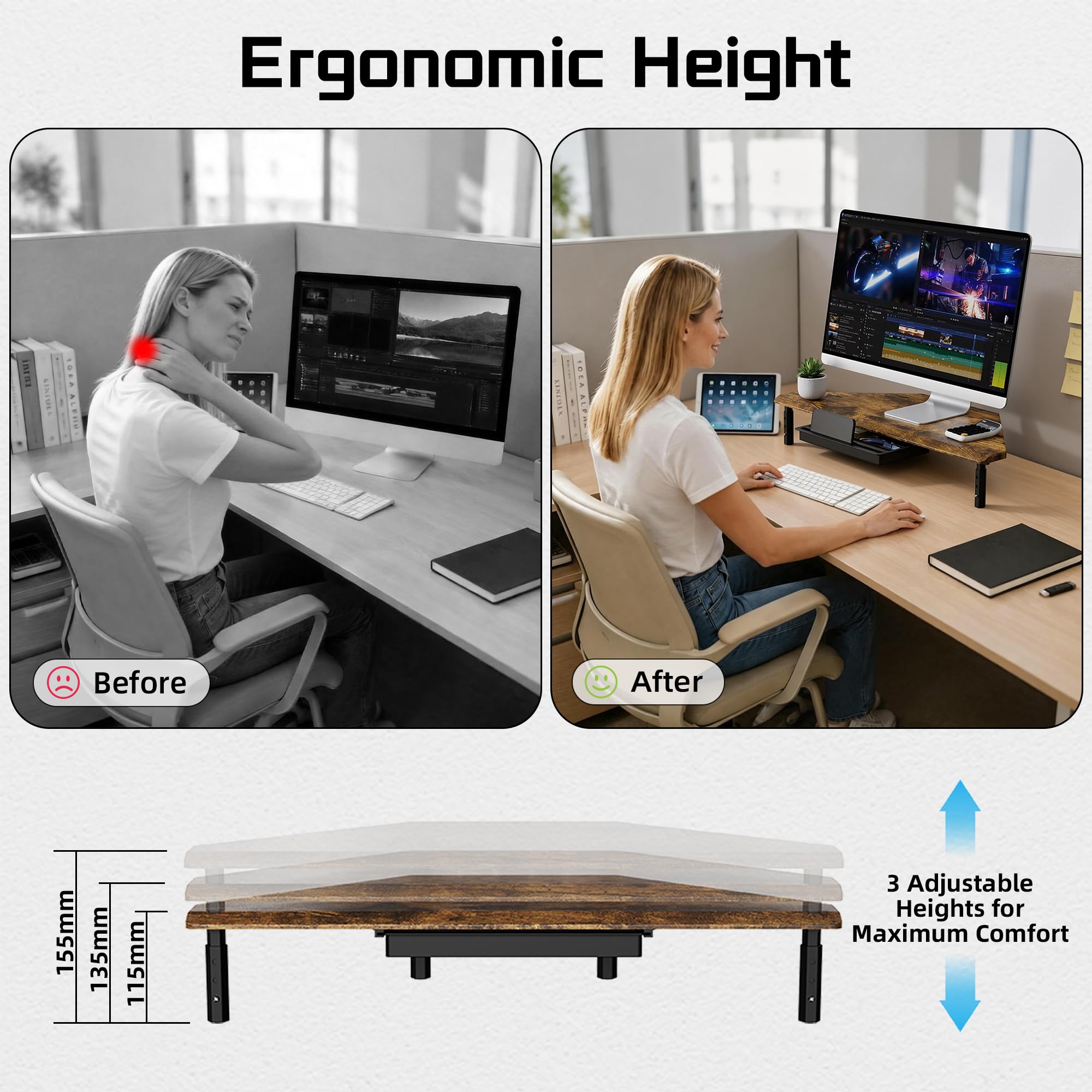 ETHU Soporte triangular para monitor con cajón, elevador de esquina de altura ajustable para PC/portátil, soporte ergonómico para computadora de escritorio, soporta 20 kg, nogal