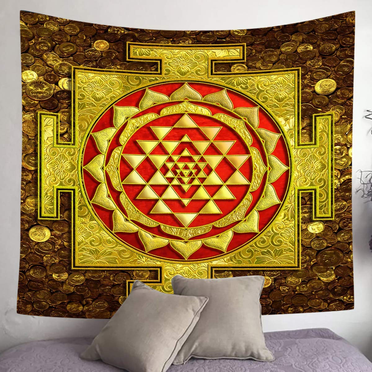 874 Tapestry1492 Wall Hanging Gold Sri Yantra Sacred Geometry Yoga Meditation Soft Tapestry Wall Hanging Durable Tapestries For Bedroom Decor Living Room,130X150cm