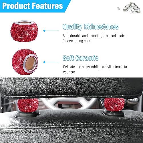 Miniatura 3 de Paquete de 4 collares para reposacabezas de automóvil, anillos decorativos con diamantes de cristal, accesorios universales de decoración interior