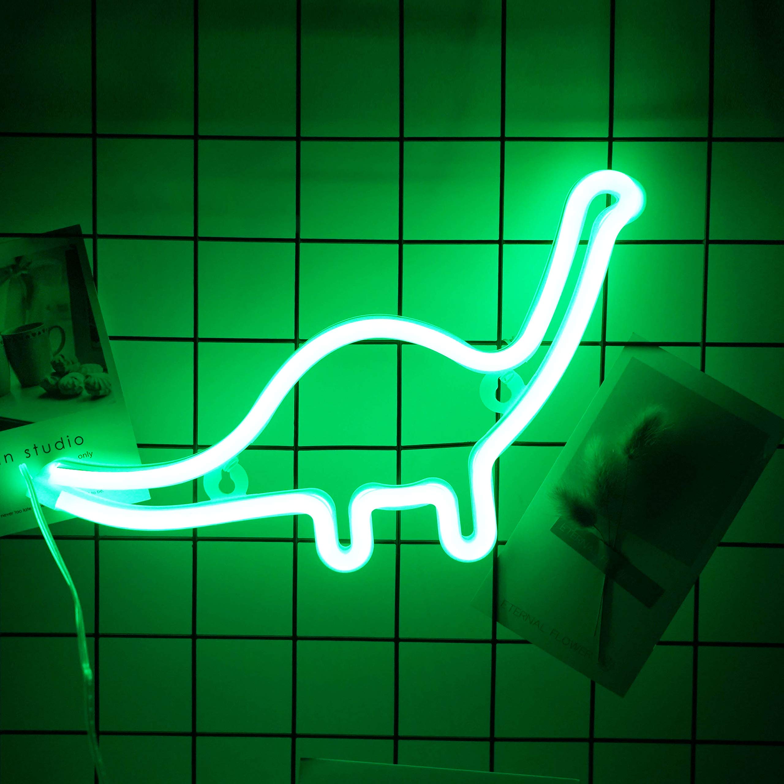 Dinosaur Neon Sign Night Light, LoveNite USB & Battery Operated Glowing Neon Decorative Green Color LED Light Wall Decor for Room Party Bar Decorations (DinosaurA)