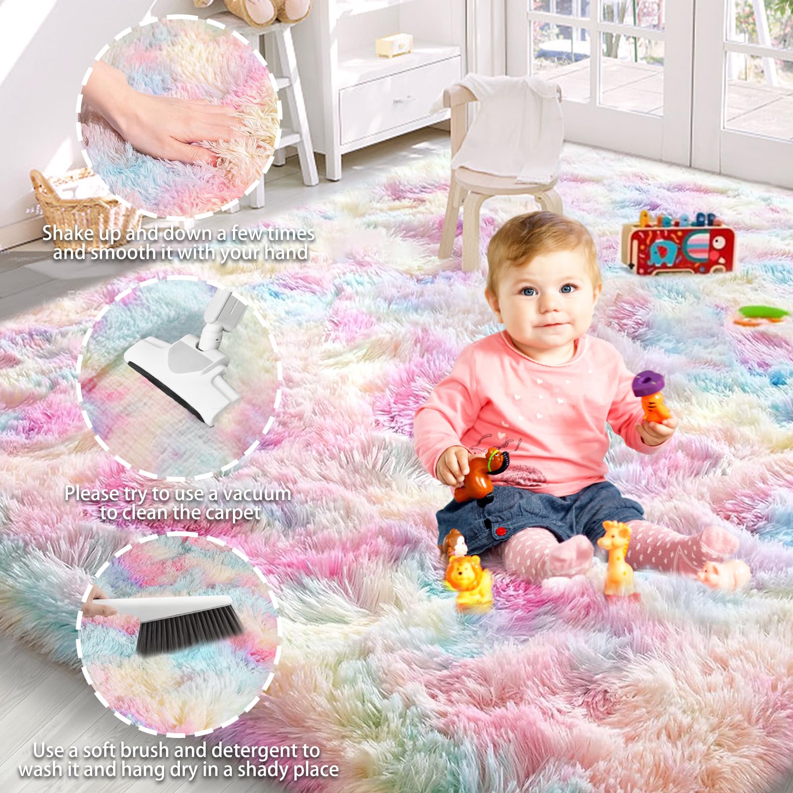 Tappeto per camera da letto, 160 x 200 cm, soffice tappeto shag per comodino, soggiorno, cameretta dei bambini, cameretta dei bambini, arcobaleno
