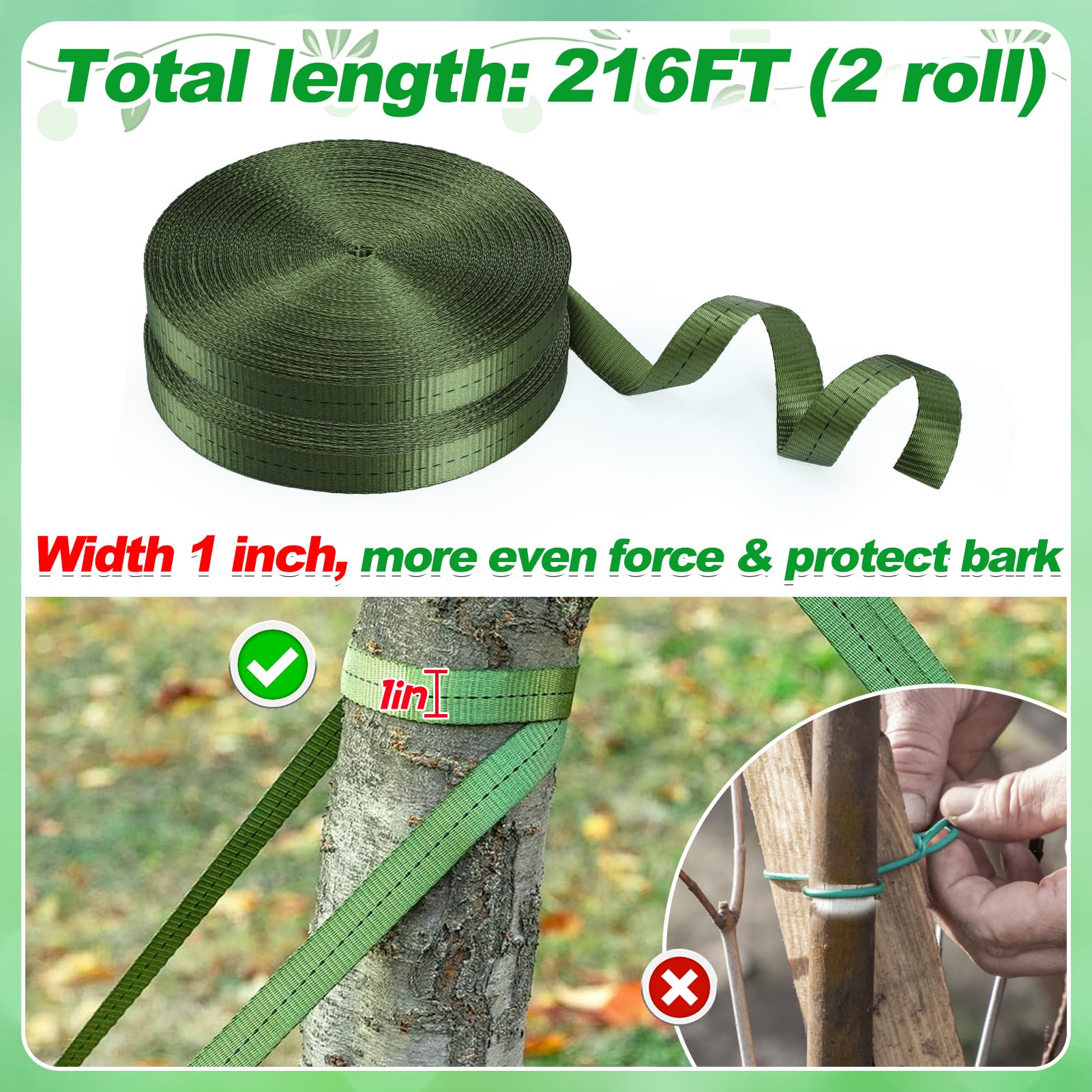Biubee 2 rollos de 108 pies de largo y 1 pulgada de ancho, color verde, material de estaca y sujeción para jardín, para uso en exteriores, resistencia de 1760 libras (total 216 pies)