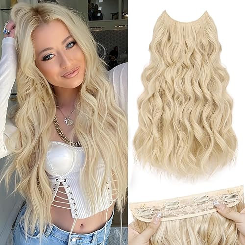 MORICA Extensiones de cabello con alambre invisible, 20 pulgadas, rubio, largo, ondulado, sintético, con alambre transparente, tamaño ajustable, 4