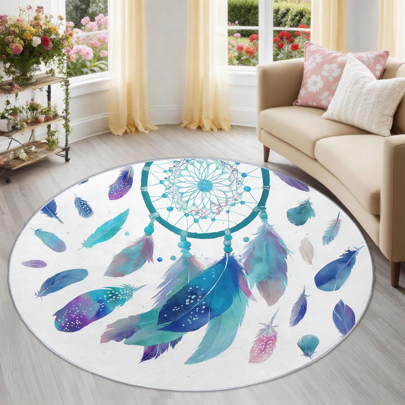 Teppich Rund Boho Wohnzimmer 160 cm Durchmesser | Mit Traumhafter Traumfänger Mit Federn Muster, Geeignet Schlafzimmer Bettvorleger, Kurzflor rutschfest Waschbar, Mehrfarbig Blau
