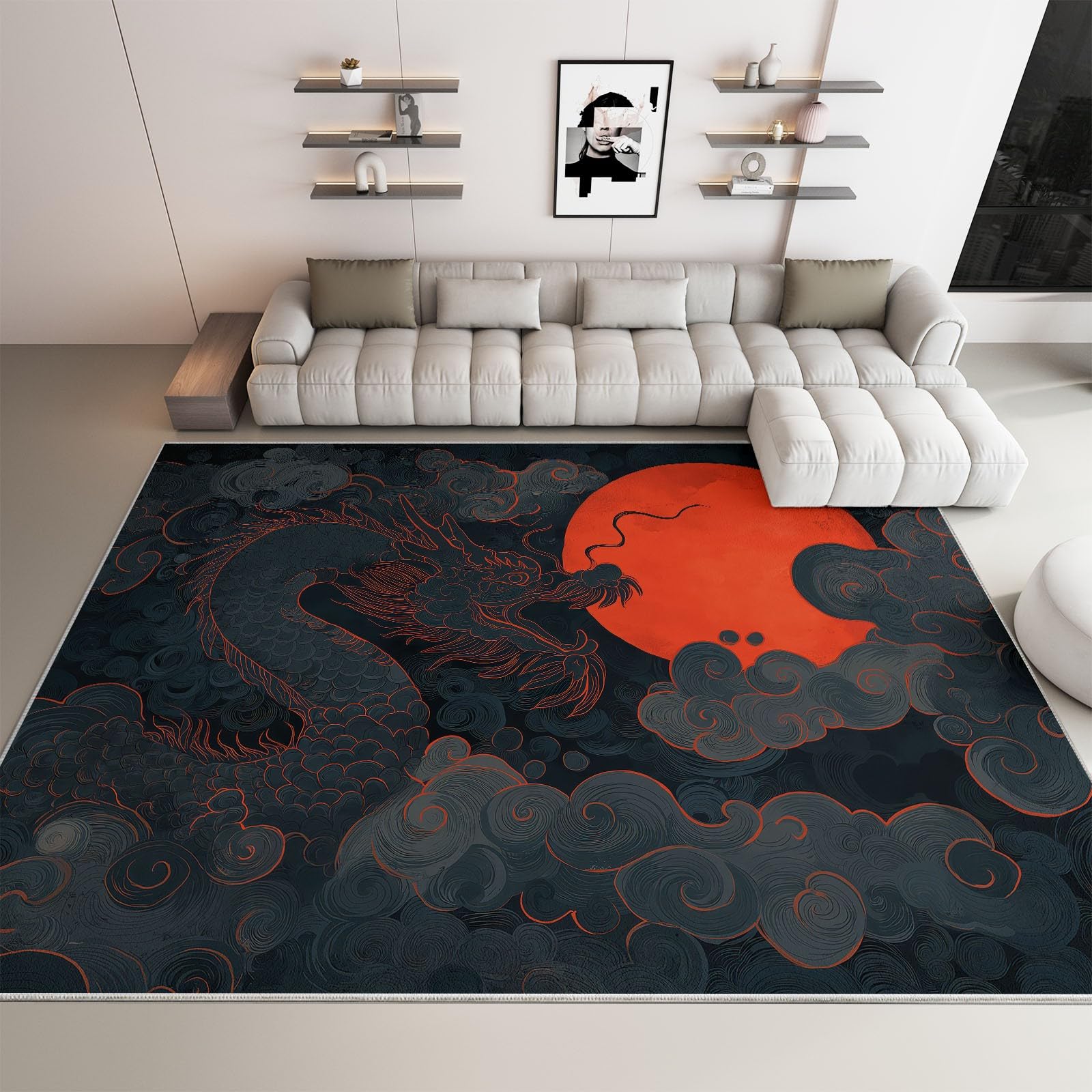Générique Tapis de Salon 160 x 230 cm Dragon Chinois Fantastique Lune Rouge, Tapis Peinture À L’Encre Antidérapant, Paillasson Interieur Entree à Poil Ras Moquette pour Chambre Bureau Cuisine