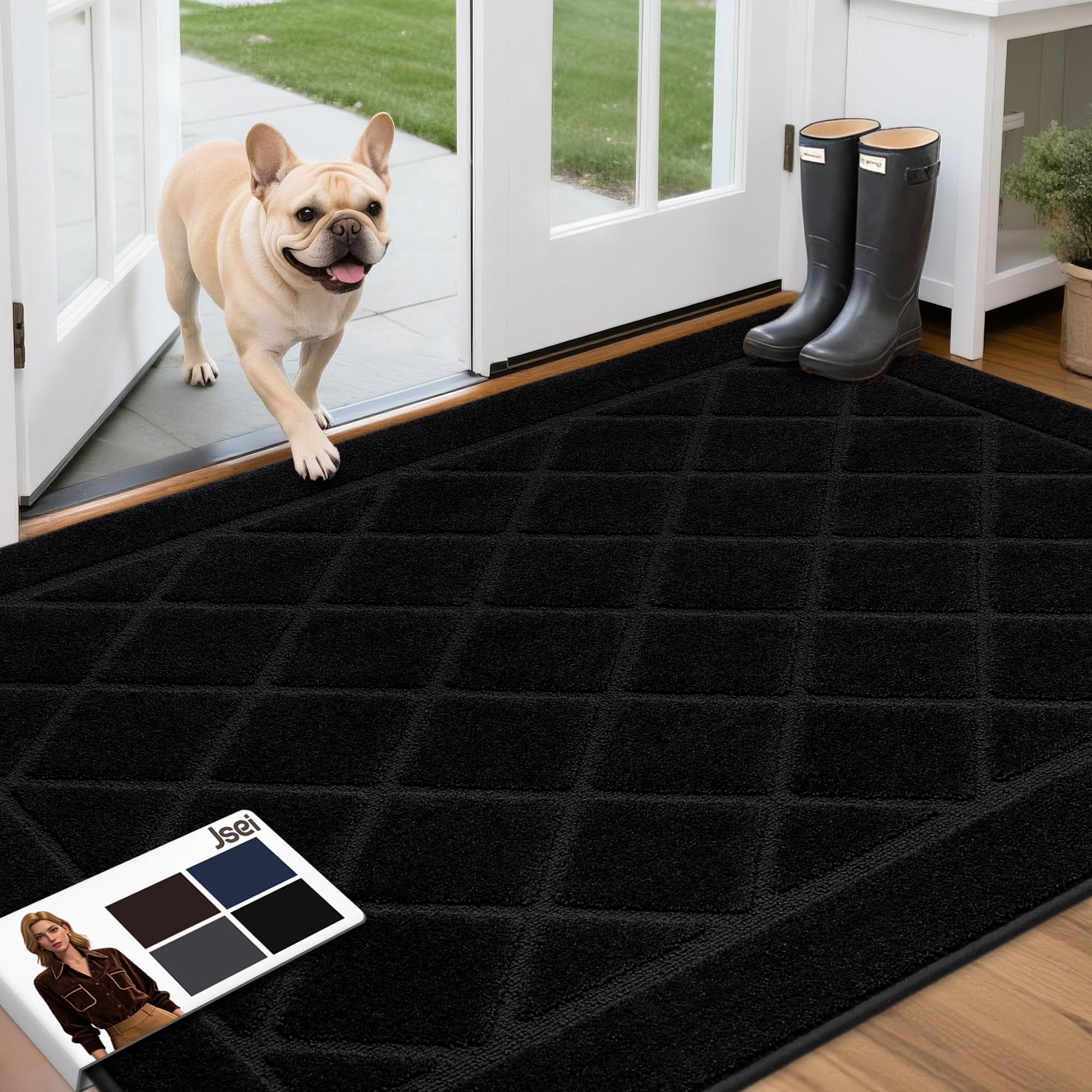 jsei dirt trapper door mat 36"x60", non-slip washable entryway mats, dog door mat, stain resistant and absorbent floor mats, low profile welcome mat for front back door, black