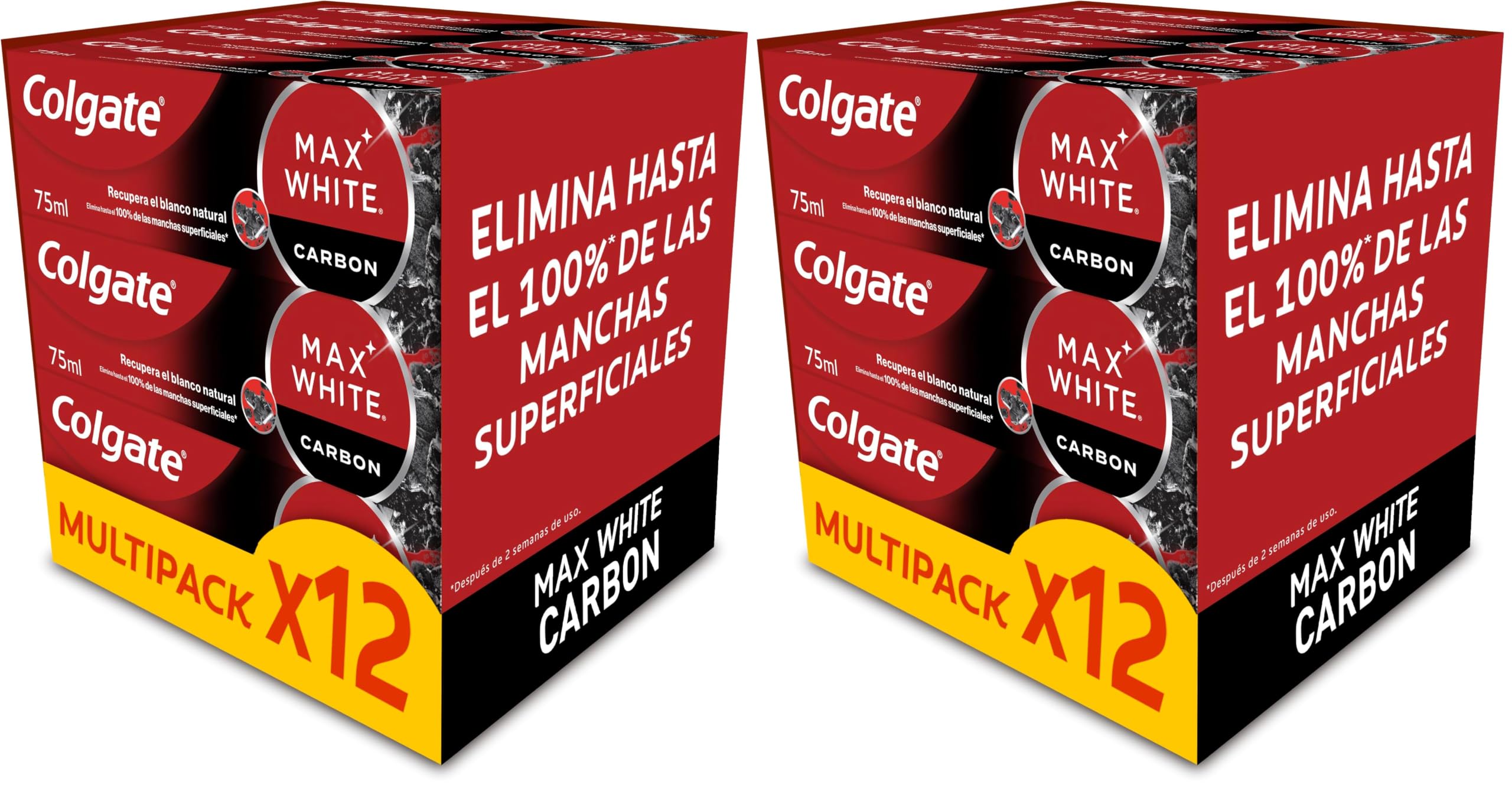 Pasta de dientes Colgate Max White Carbón Activo Pack 12 x 75ml | Pasta de dientes blanqueadora | Elimina hasta 100% de las manchas superficiales | Carbón activado y micro partículas minerales