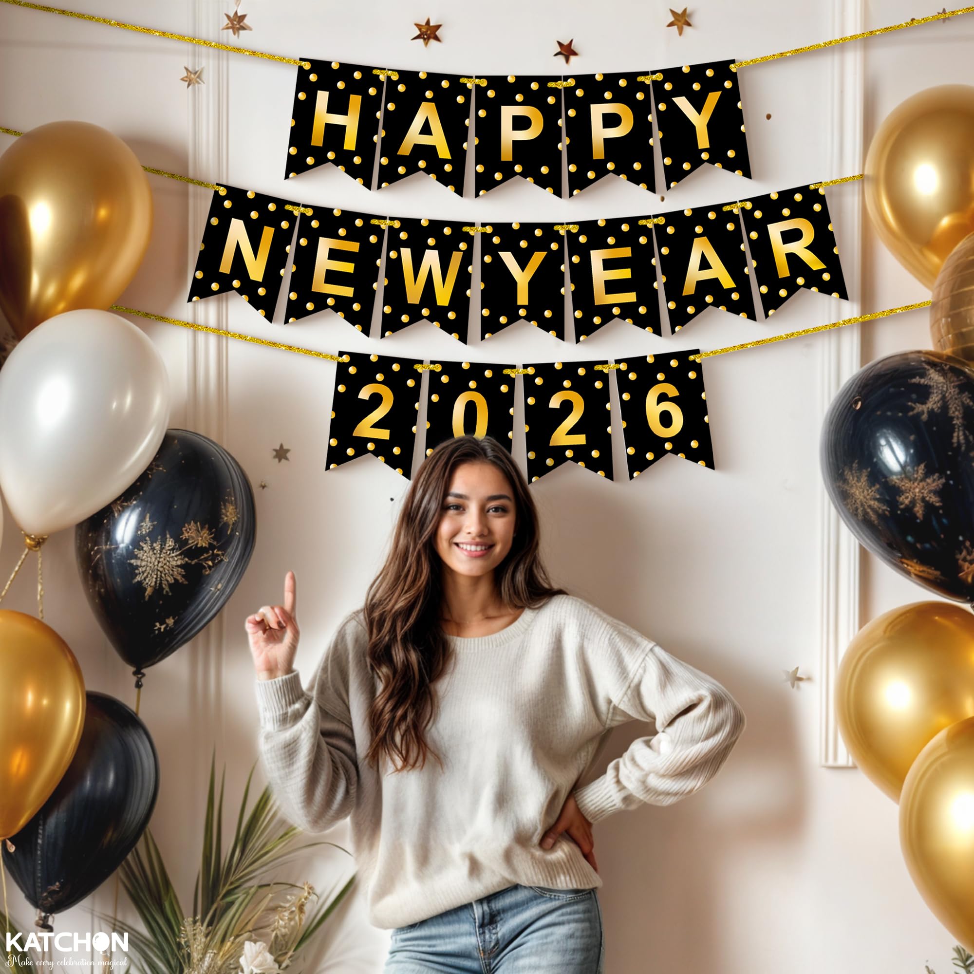 Black Glitter Happy New Year Banner – 10 Feet, 2 Strings, Pre-Strung For 2023 Party - View #9