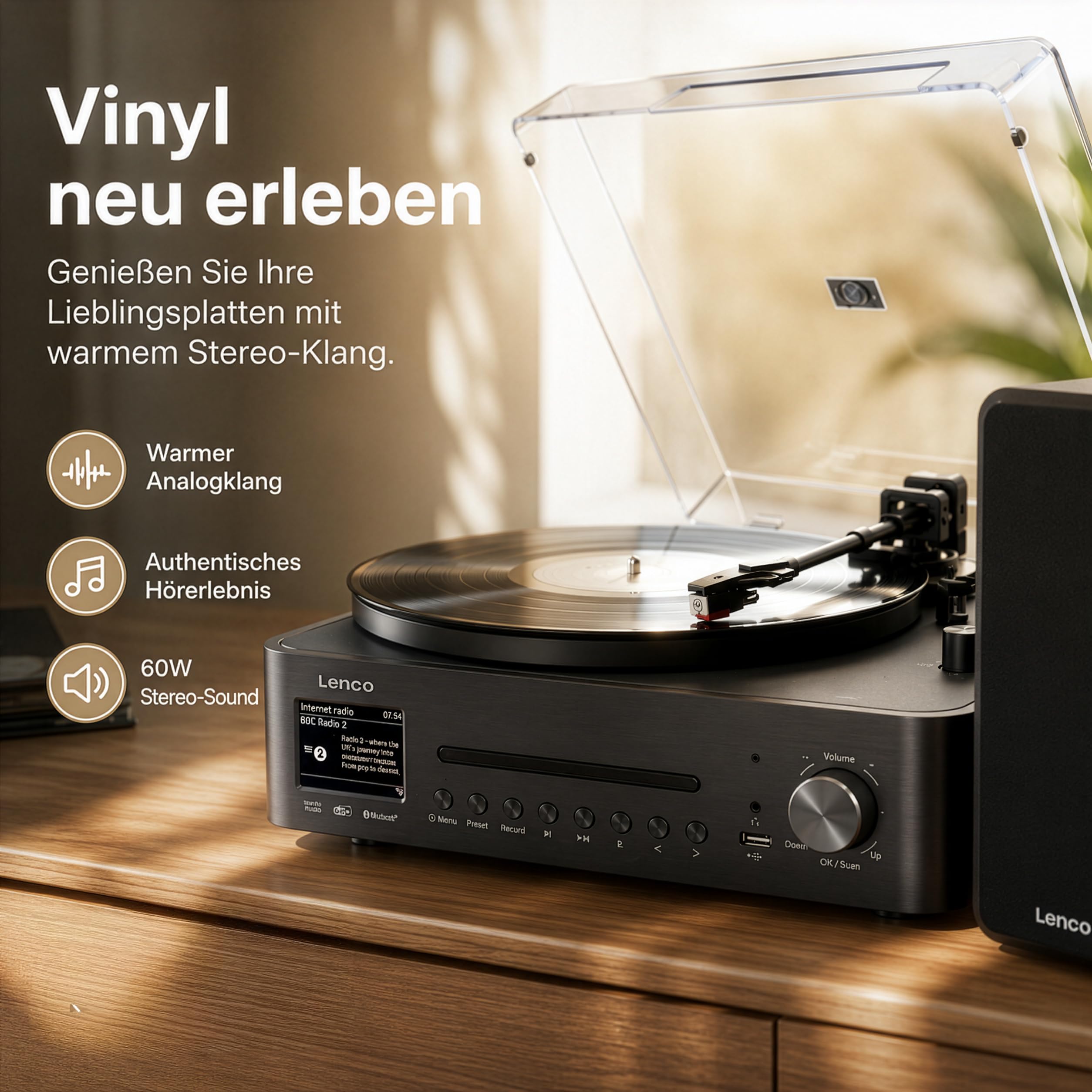 Lenco MC-760BK Plattenspieler mit Lautsprecher - Schallplattenspieler 60 W - Vinyl Player Bluetooth 5.3 - Record Player - DAB+ - Holz/Schwarz