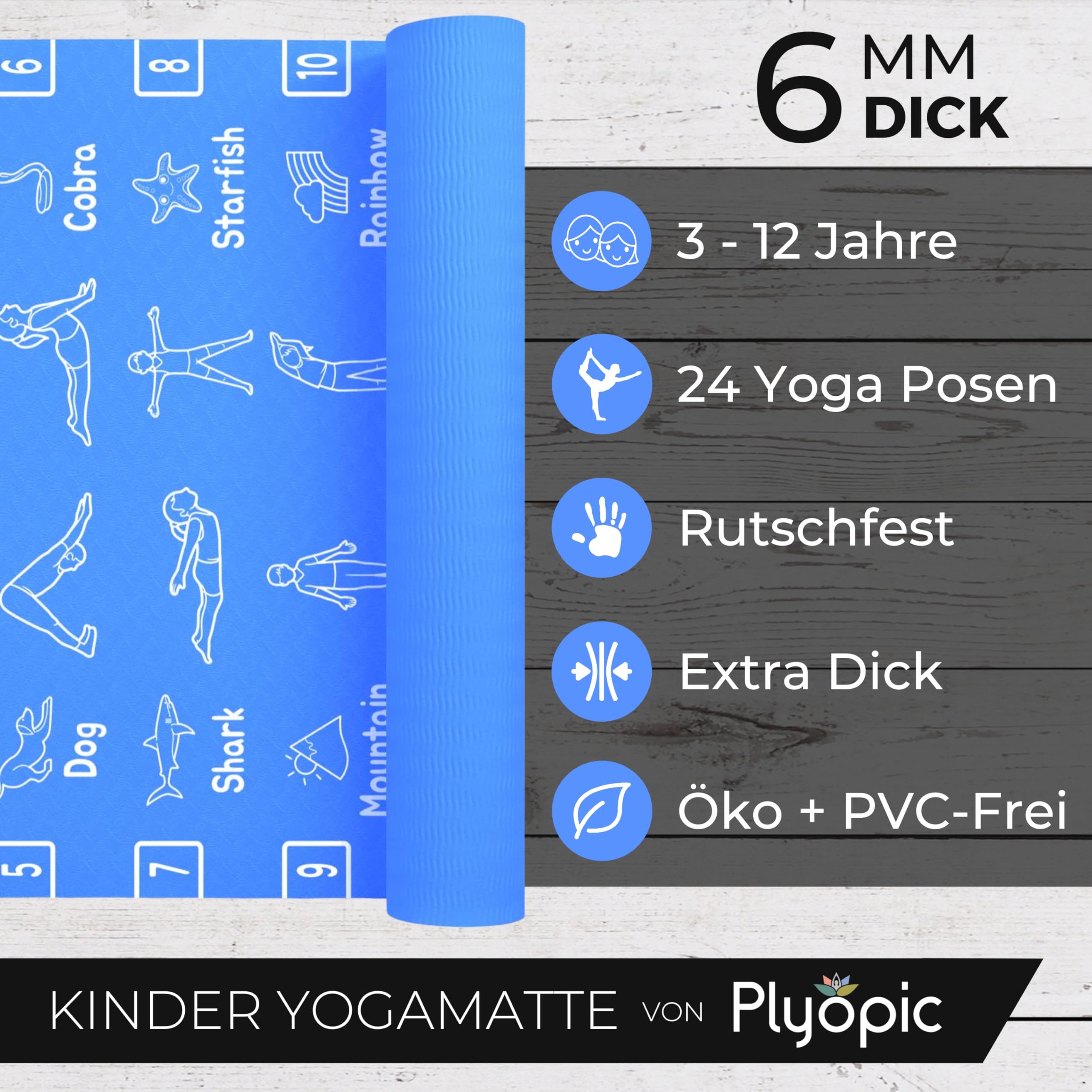 Plyopic Kinder Yogamatte – Leicht, Rutschfest, TPE Fitnessmatte – Ideal für Jungen & Mädchen (3–12 Jahre), Yoga, Kindergarten & Schule – 6 mm Dick