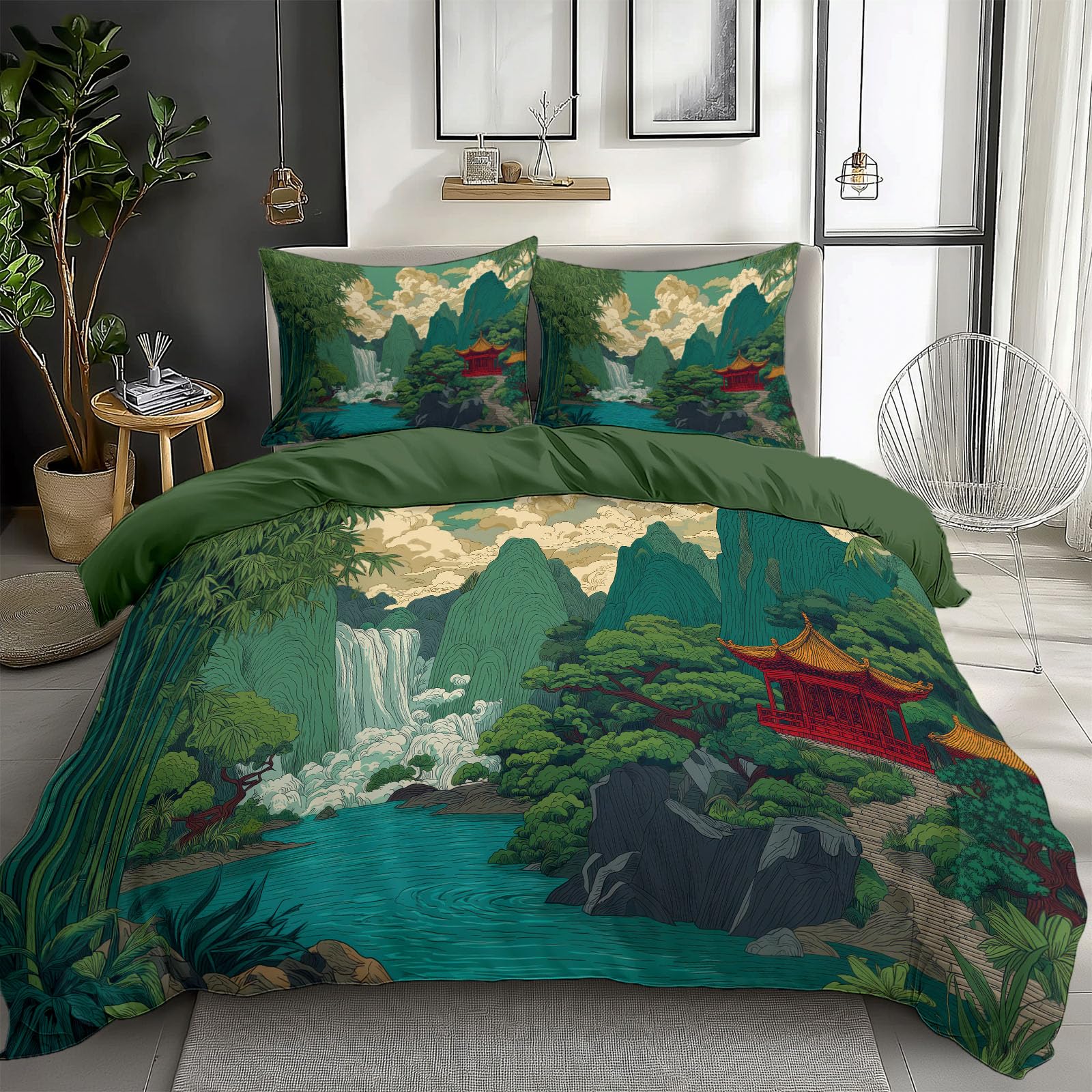 Poszewka na kołdrę Super King 260 x 220 cm, chiński obraz krajobrazowy, zestaw pościeli, druk cyfrowy, 3-częściowy zestaw pościeli z 2 poszewkami na poduszkę, zamek błyskawiczny, zielona