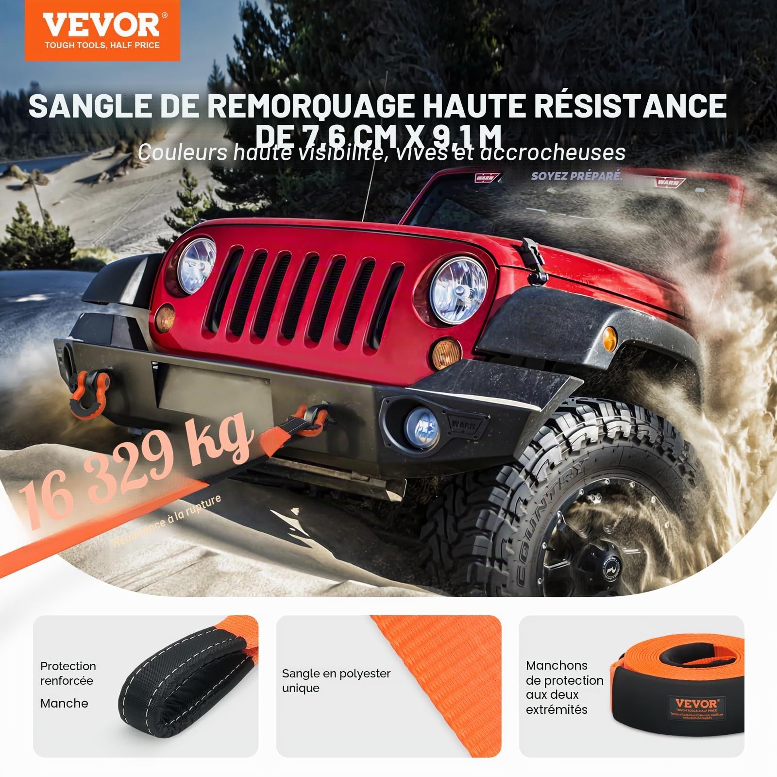 VEVOR Kit de récupération de Sangle de remorquage Robuste, 76,2 mm x 9,1 m, Corde de treuil pour protéger Les Arbres, 16329 kg, Boucle Triple renforcée, Manchons de Protection, pour Camion Jeep SUV