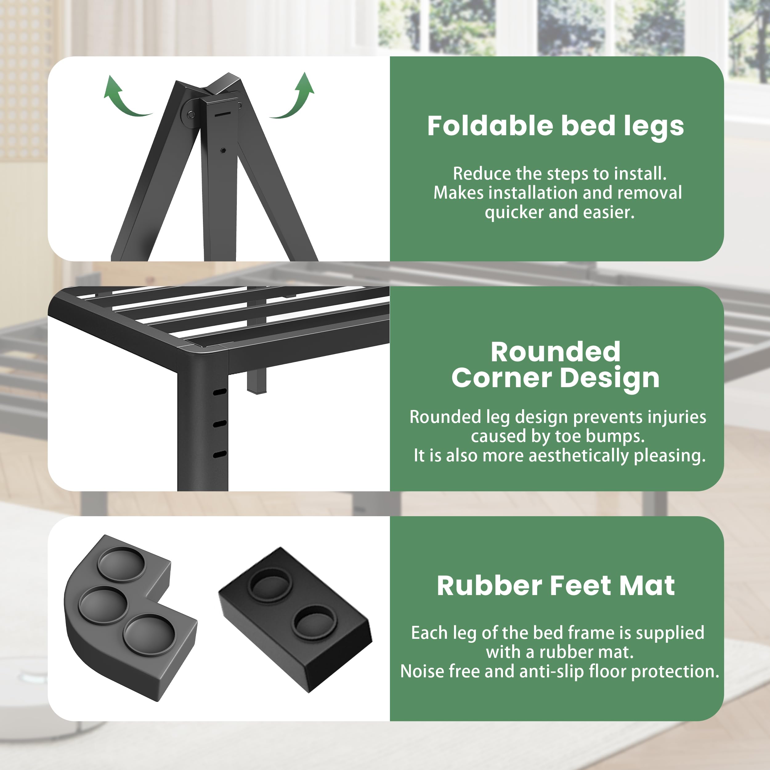 Marco de cama de plataforma de metal de 18 pulgadas, marco de cama tamaño Queen con patas de esquina redondas, soporte de listones de acero resistente de 3,500 libras, no necesita somier, fácil 4