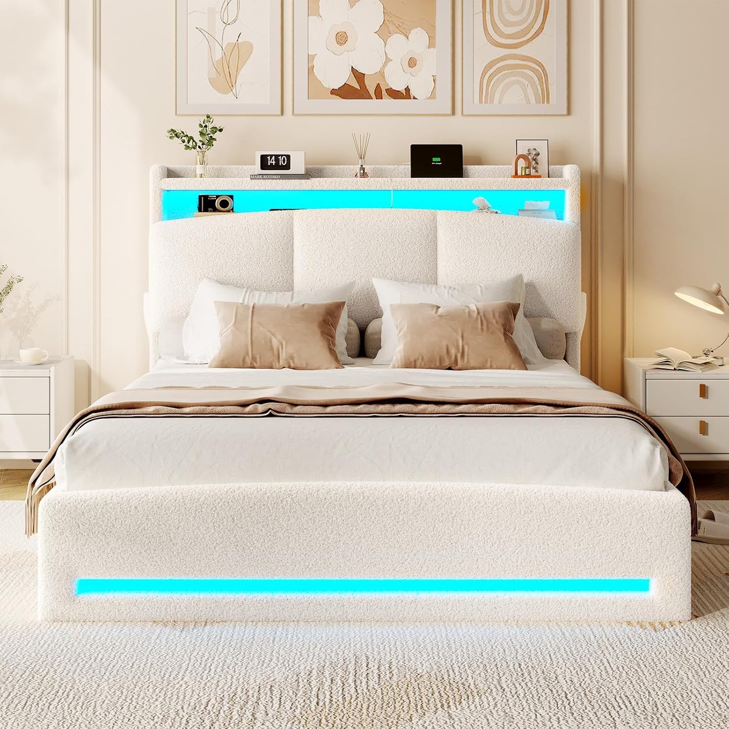 AGOLLATI Letto Contenitore Matrimoniale, Letto 140 x 200 cm con Illuminazione a LED e Stazione di Ricarica, Letto Matrimoniale con Sollevamento Idraulico e Testiera Imbottita, Beige (Teddy Fleece)
