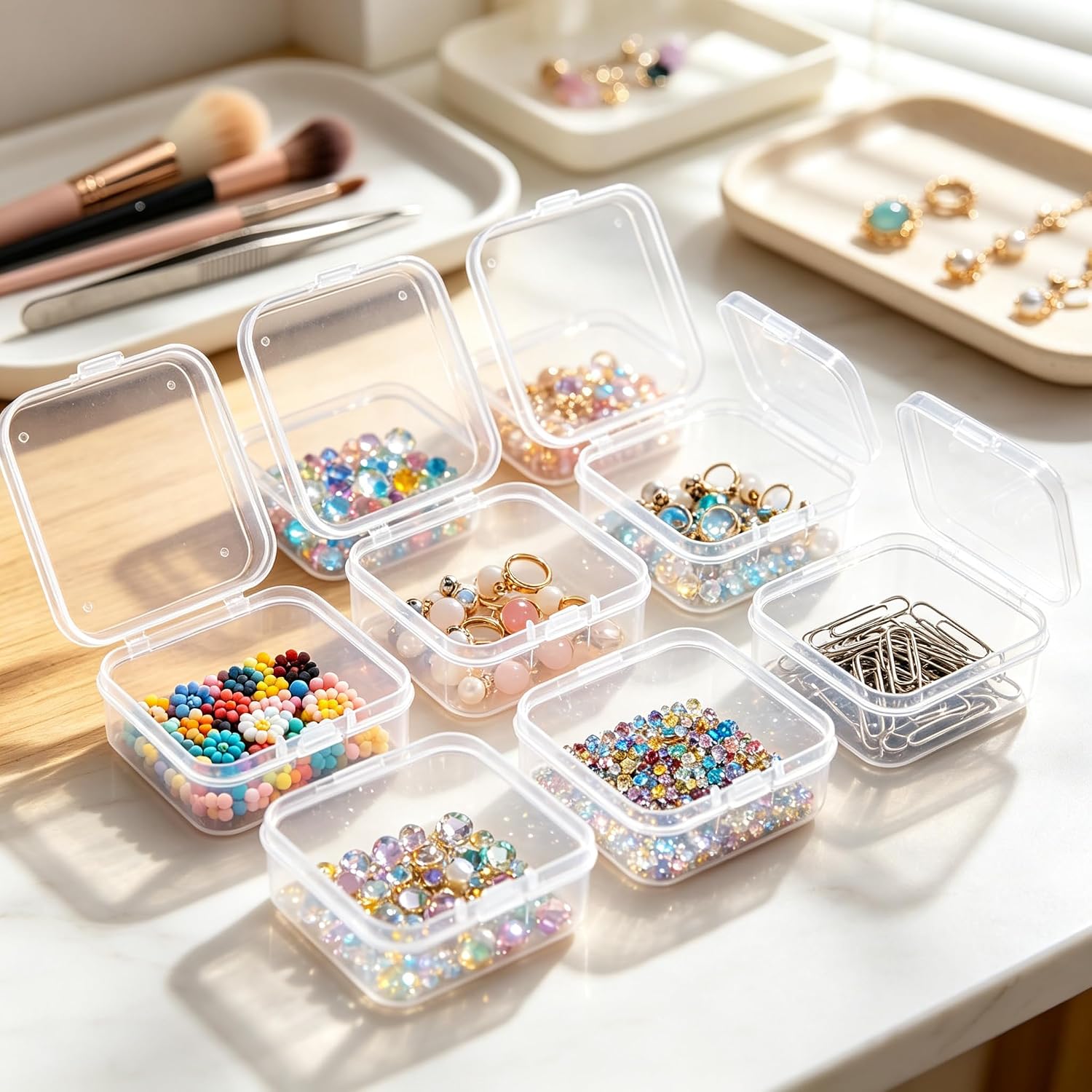 6 Pack Mini Clear Plastic Storage Containers, Multipurpose Small Organizer Boxes with Hinged Lid for Beads Jewelry Crafts, Portable Transparent Cases for Tiny Accessories - 2.2x2.2x0.8in