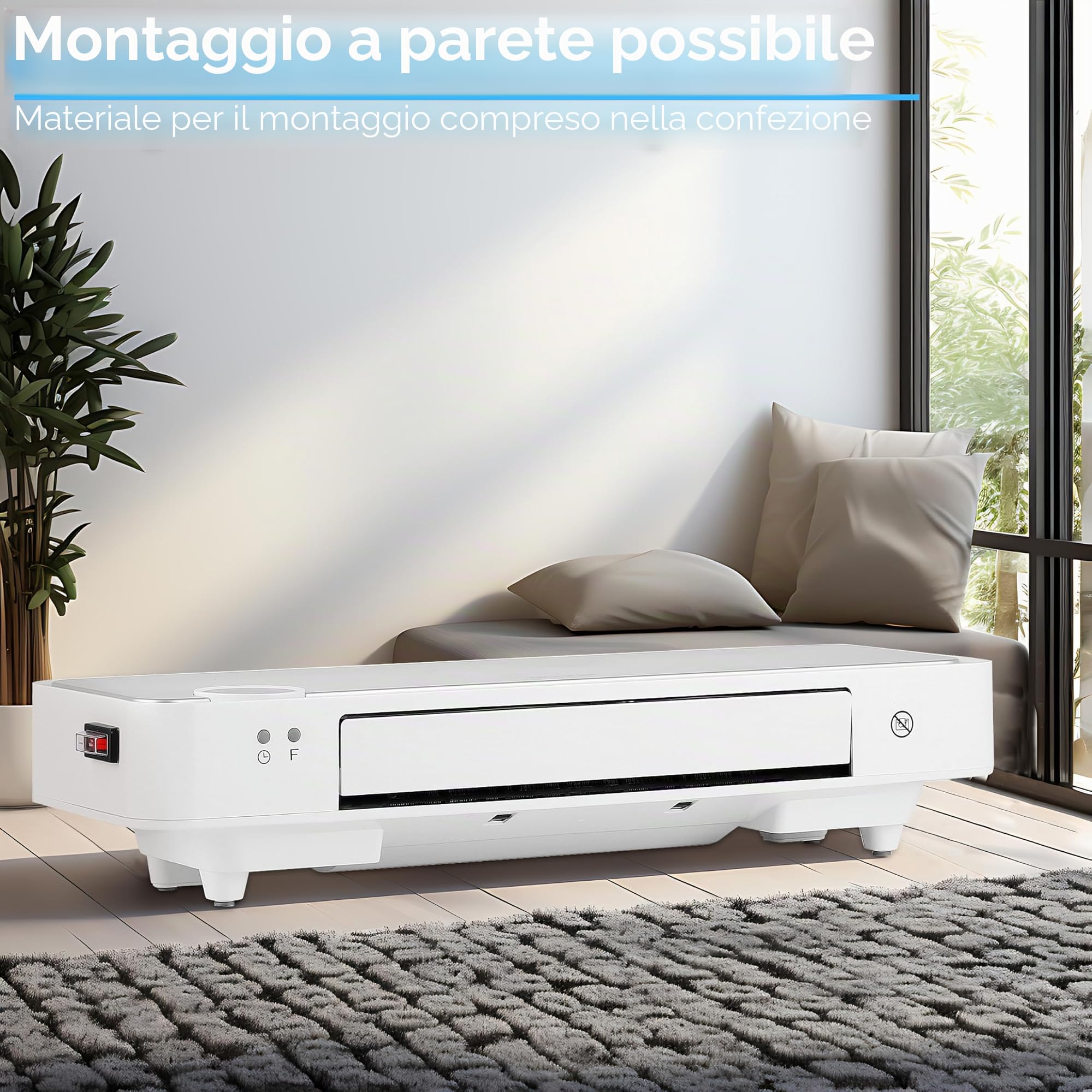 Echos Termoventilatore da Parete | Timer 12h | 2000 Watt | A risparmio energetico | Telecomando | Elemento riscaldante in ceramica | Mini riscaldatore | 2 livelli di potenza | Riscaldatore a raggi |