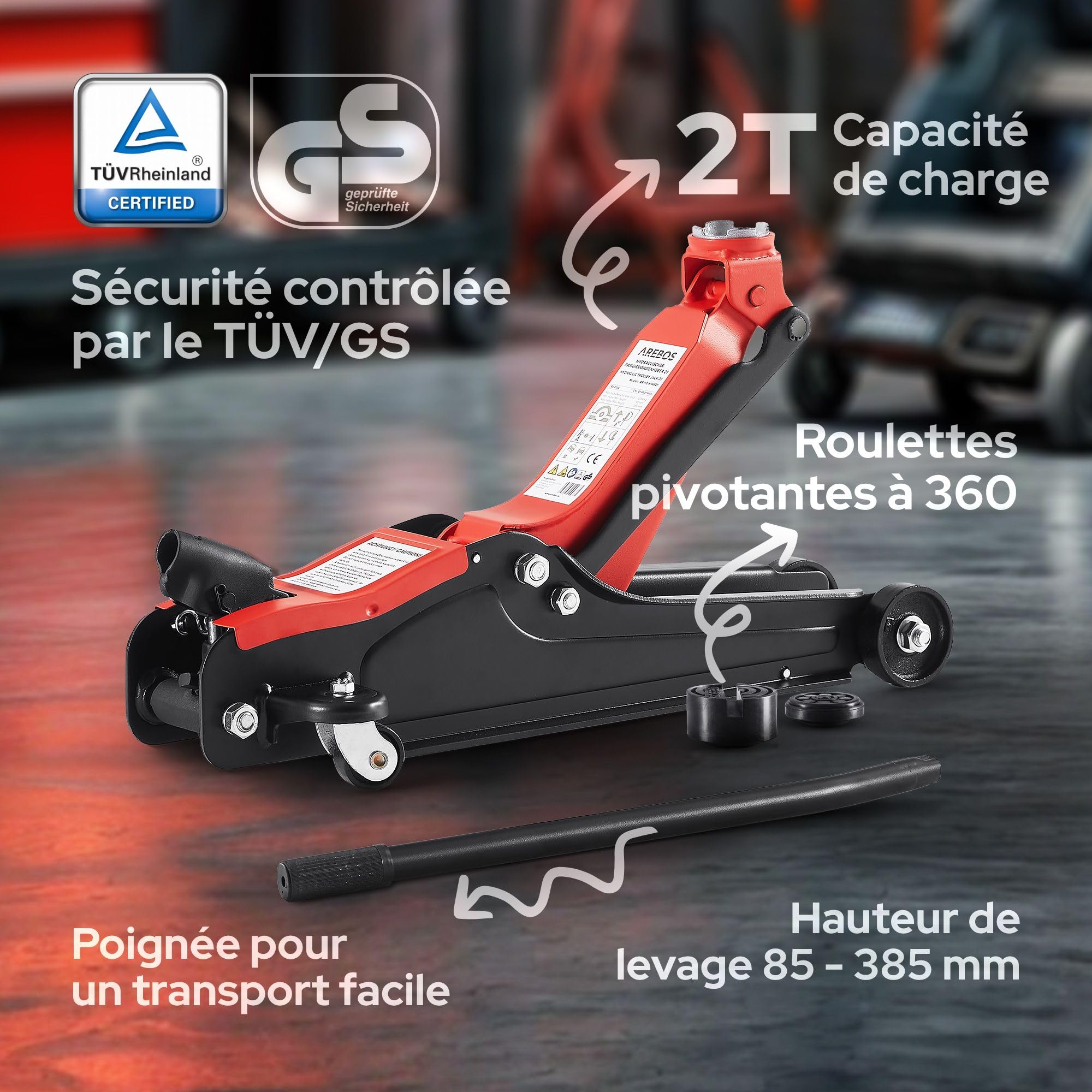 Arebos Cric hydraulique de manœuvre plat 2T | Hauteur d'appui 85-385 mm | 4 supports | Cric pour voiture tourisme