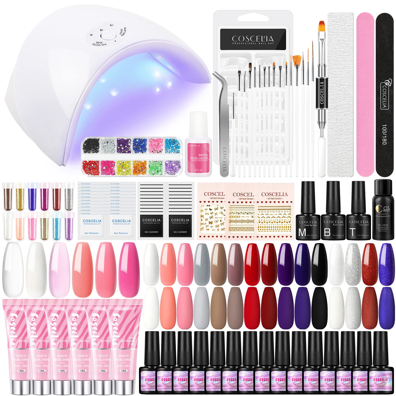 Nail Art Kit with Nail Gel Polish Poly Extension Gel Base and Top Coat Nail Lamp Nail Art Decorations and Tools Glitter Colors for All-Season and Holiday Nail Art for Women Girls