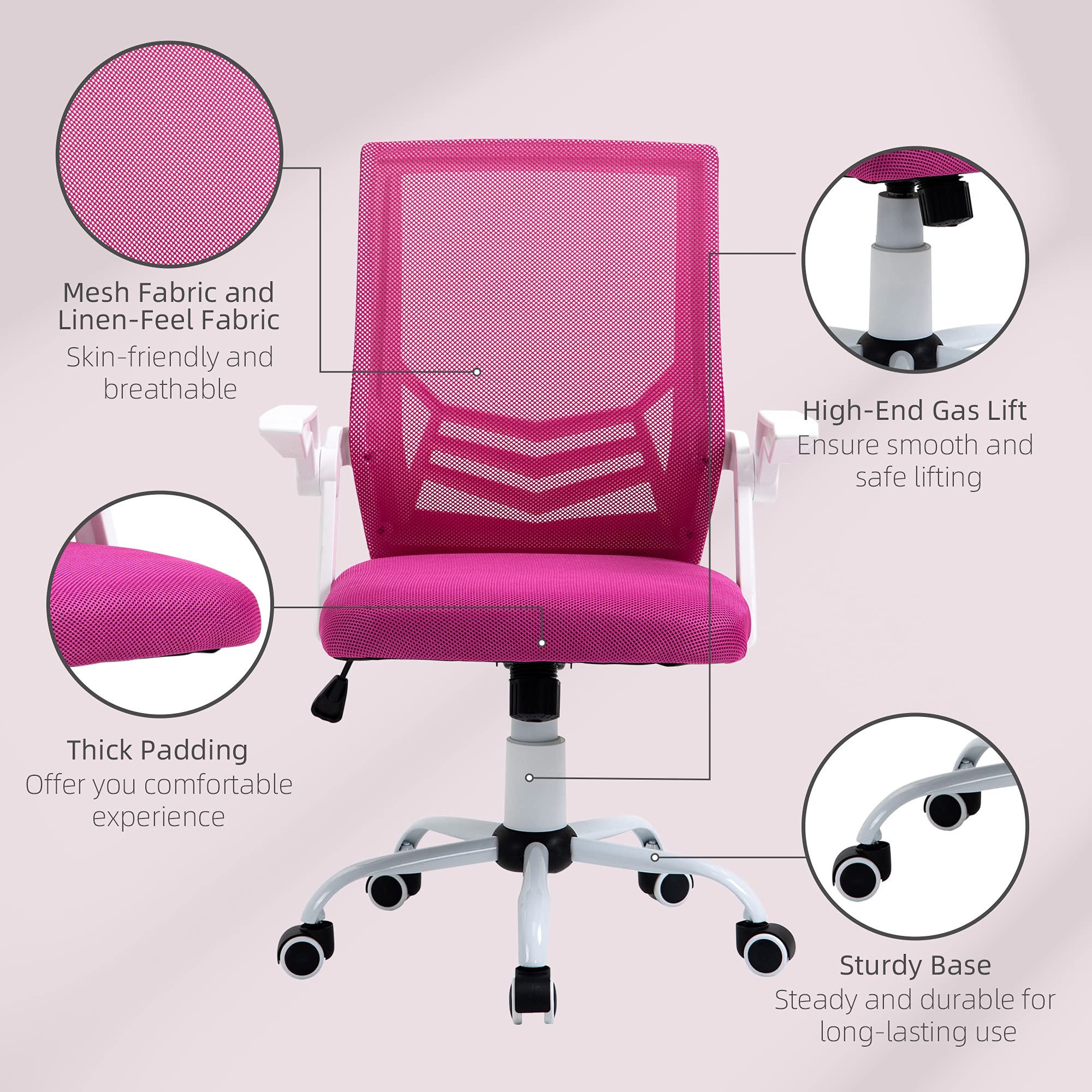 Vinsetto Silla de Oficina Ergonómica Giratoria 62,5x55x94-104 cm Rosa | Silla Escritorio, Altura Ajustable, Reposabrazos Abatible, Soporte Lumbar Transpirable, para Adolescentes Adultos
