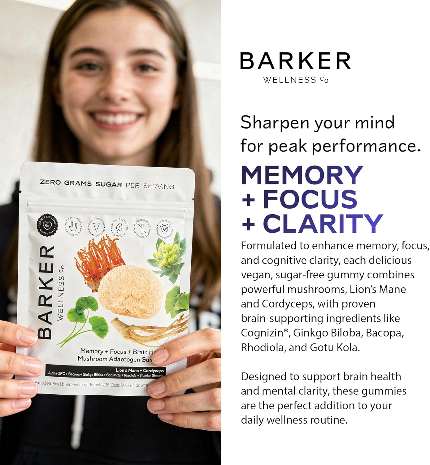 Barker Wellness Mushroom Adaptogen Gummies for Memory & Focus, Brain Health Supplement with Lion's Mane, Cordyceps, Cognizin, Nootropics, Vegan, Sugar-Free Passion Fruit Watermelon Flavor- 60 Count - Image 5