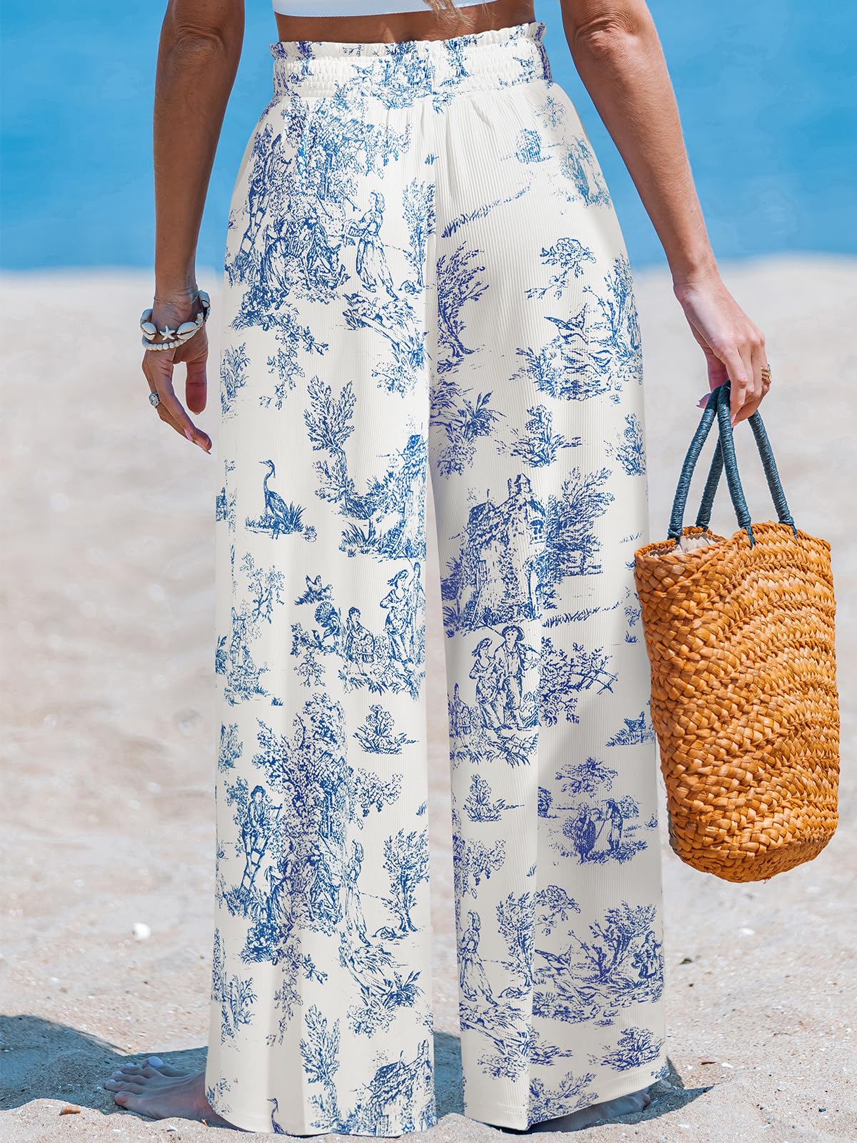 CUPSHE Pantalon d'été léger et long pour femme - Jambes larges - Taille haute - Taille élastique - Pantalon de plage - Motif floral - Pantalon en tissu fluide - Pour les loisirs et les vacances